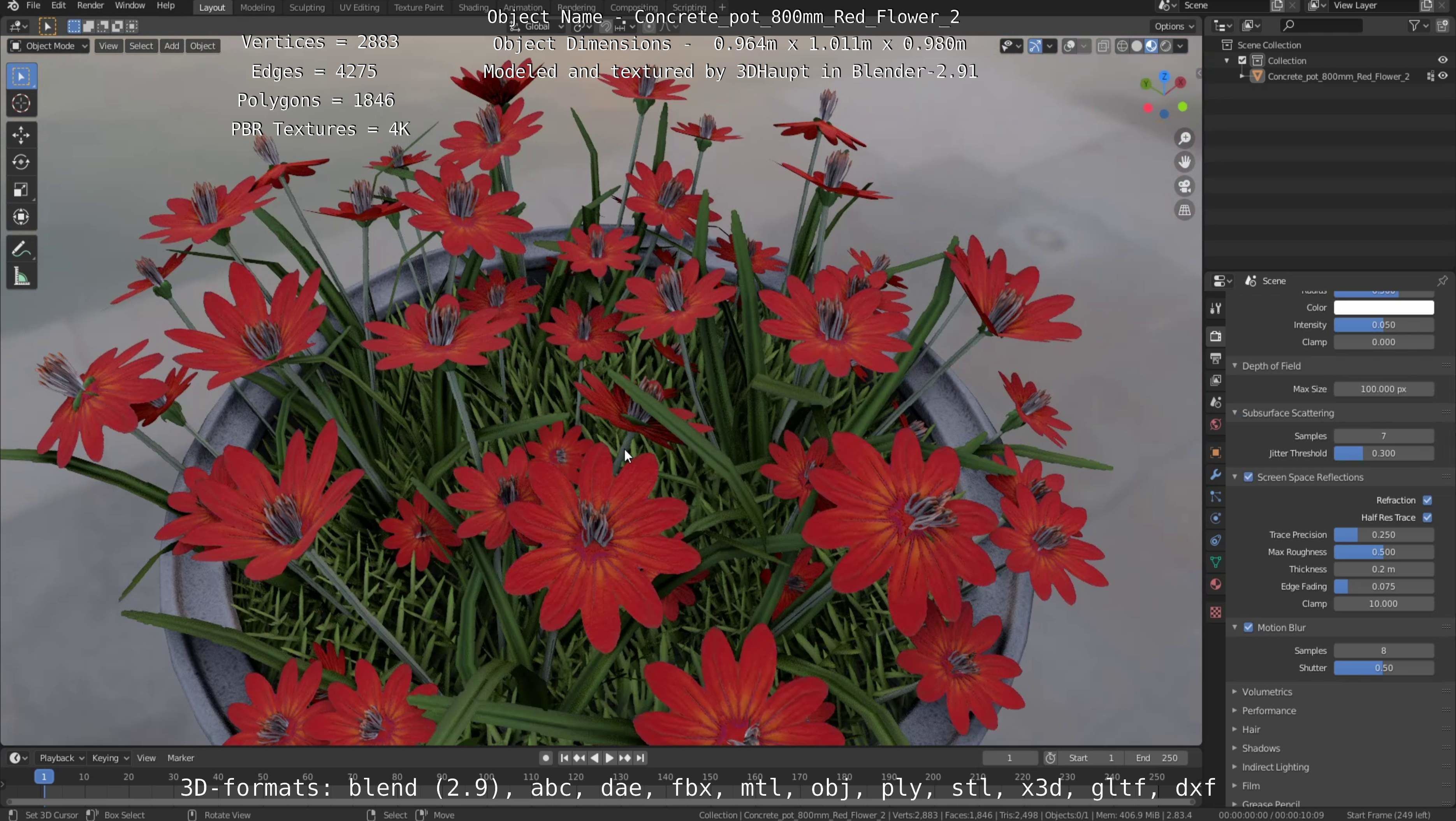 Concrete Pot 800mm with Red Flowers Version 2 Low-poly 3D model_35