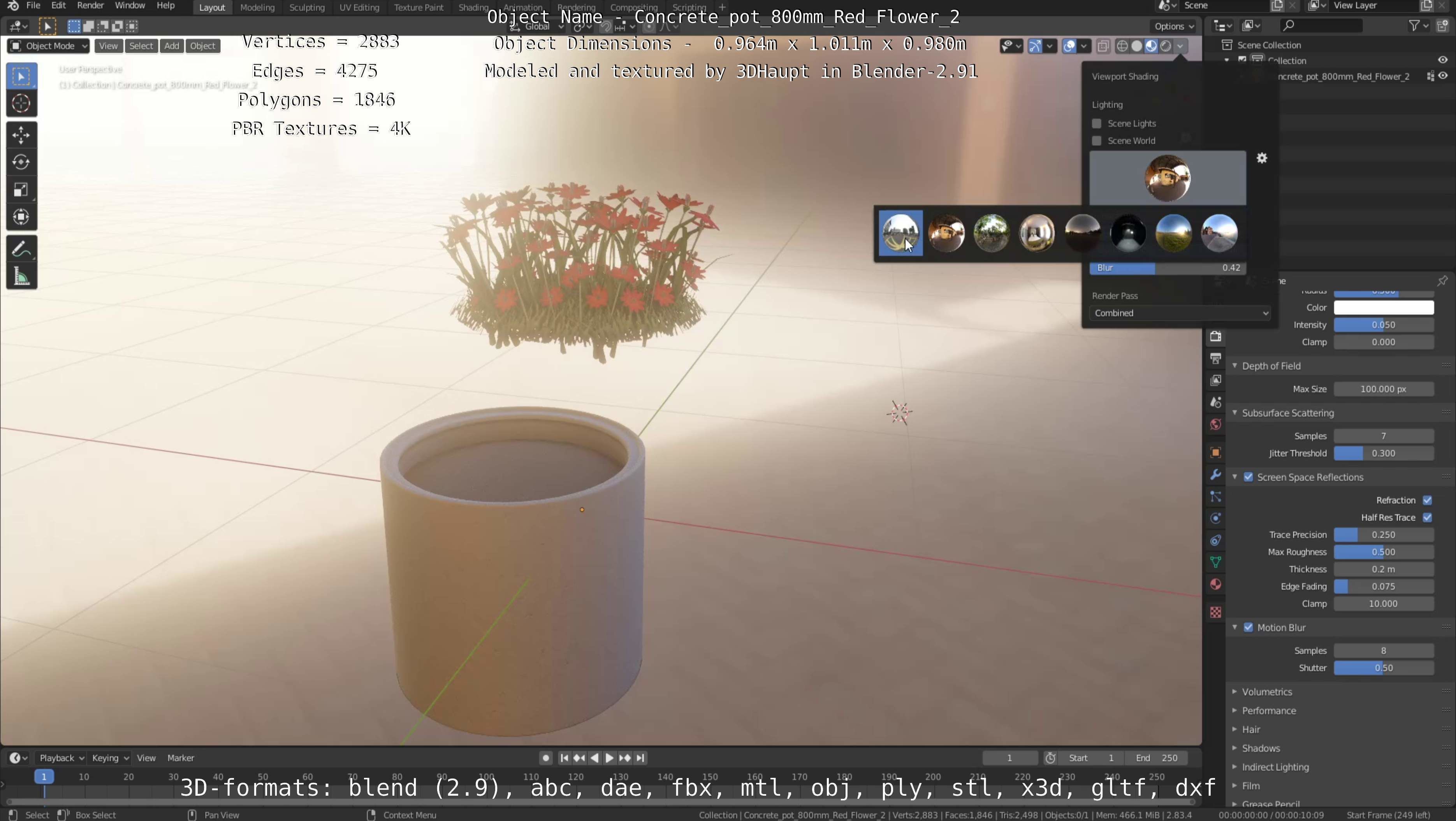 Concrete Pot 800mm with Red Flowers Version 2 Low-poly 3D model_63