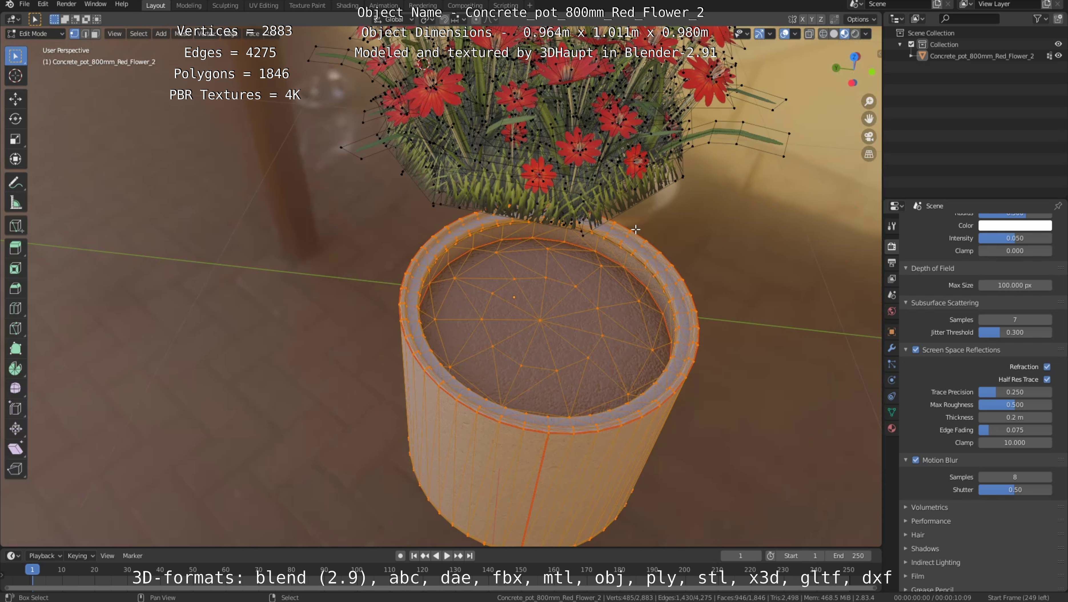Concrete Pot 800mm with Red Flowers Version 2 Low-poly 3D model_60