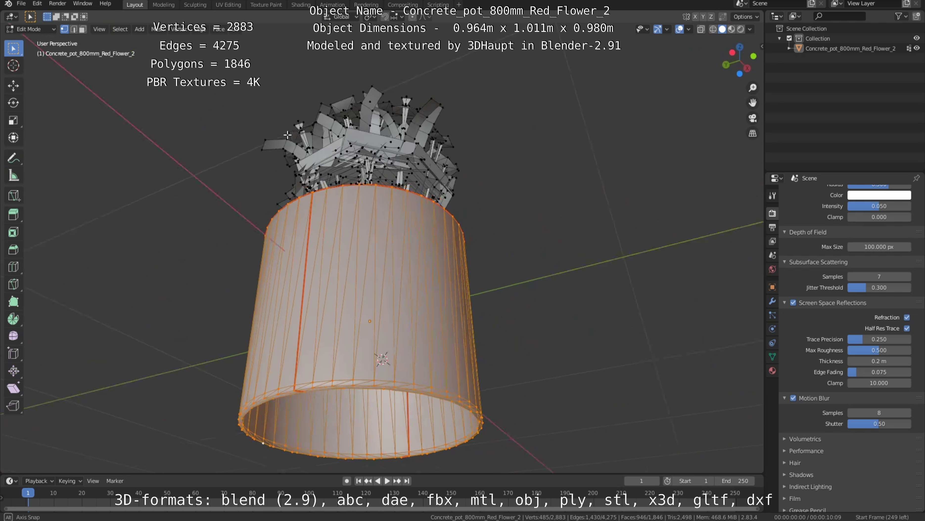 Concrete Pot 800mm with Red Flowers Version 2 Low-poly 3D model_34