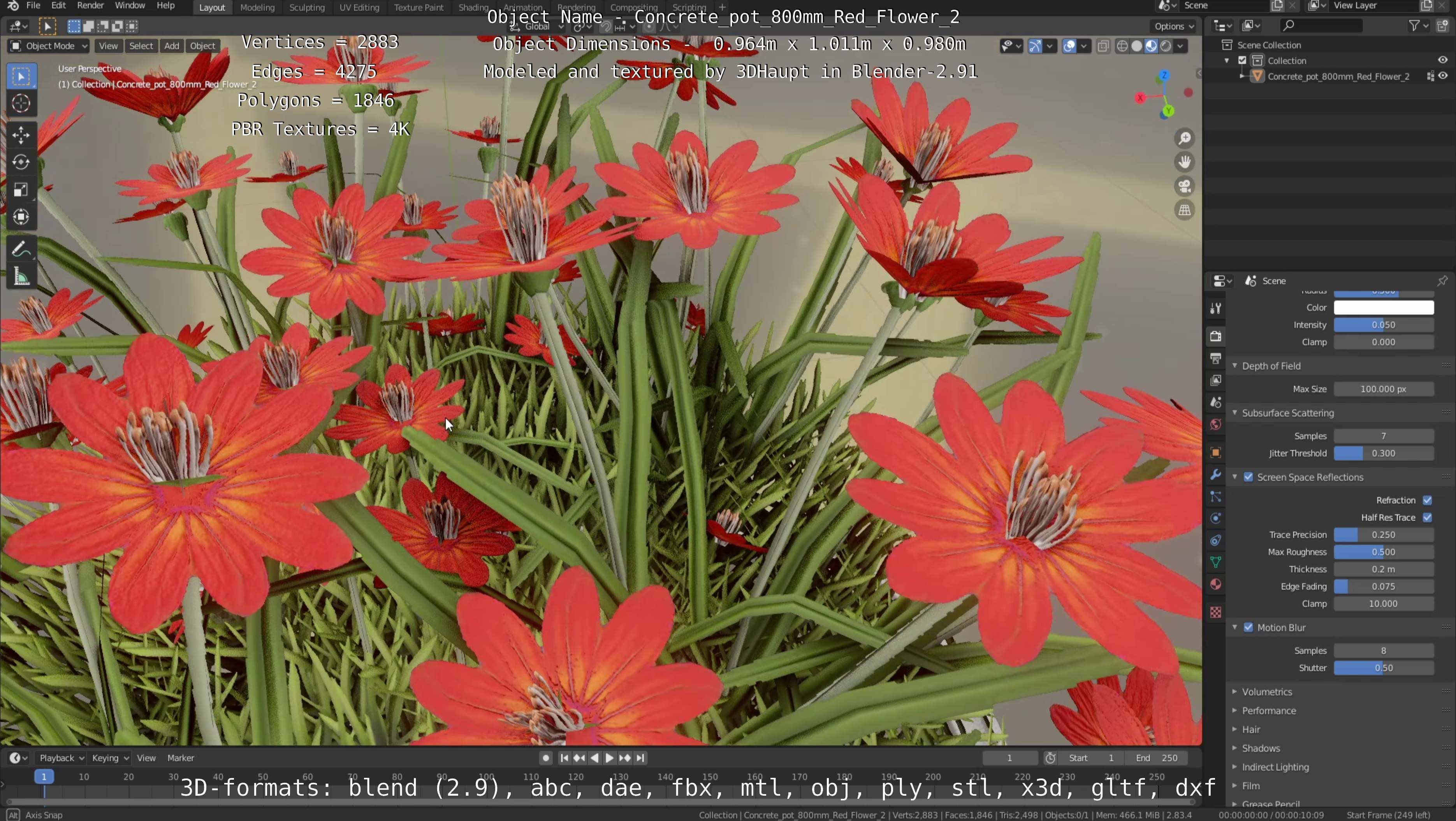 Concrete Pot 800mm with Red Flowers Version 2 Low-poly 3D model_40