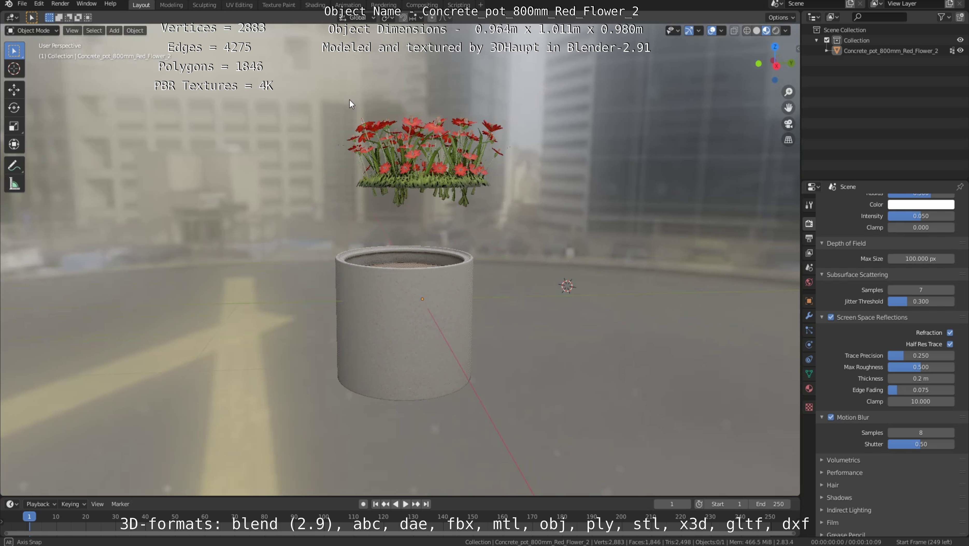 Concrete Pot 800mm with Red Flowers Version 2 Low-poly 3D model_84
