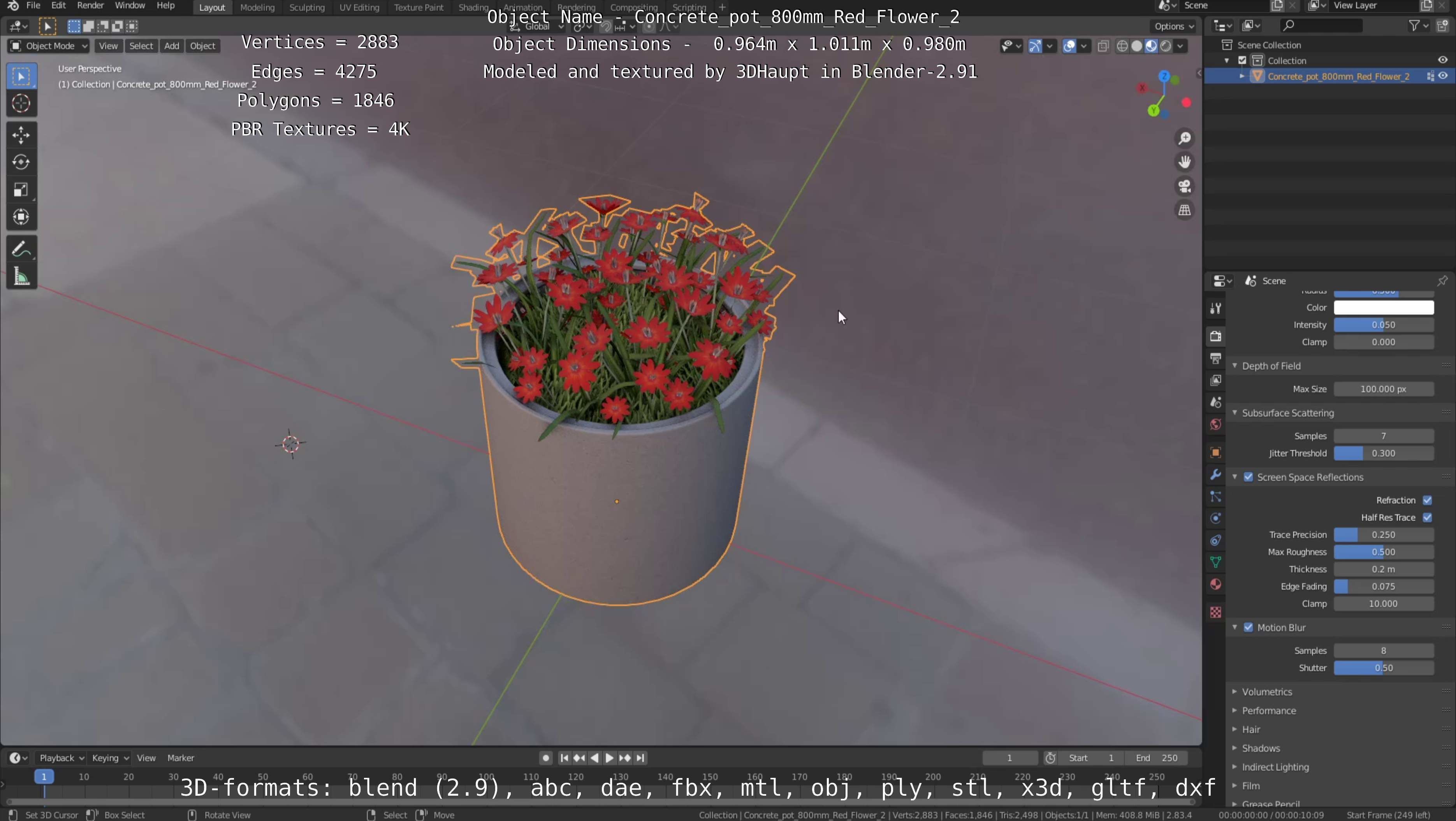 Concrete Pot 800mm with Red Flowers Version 2 Low-poly 3D model_108