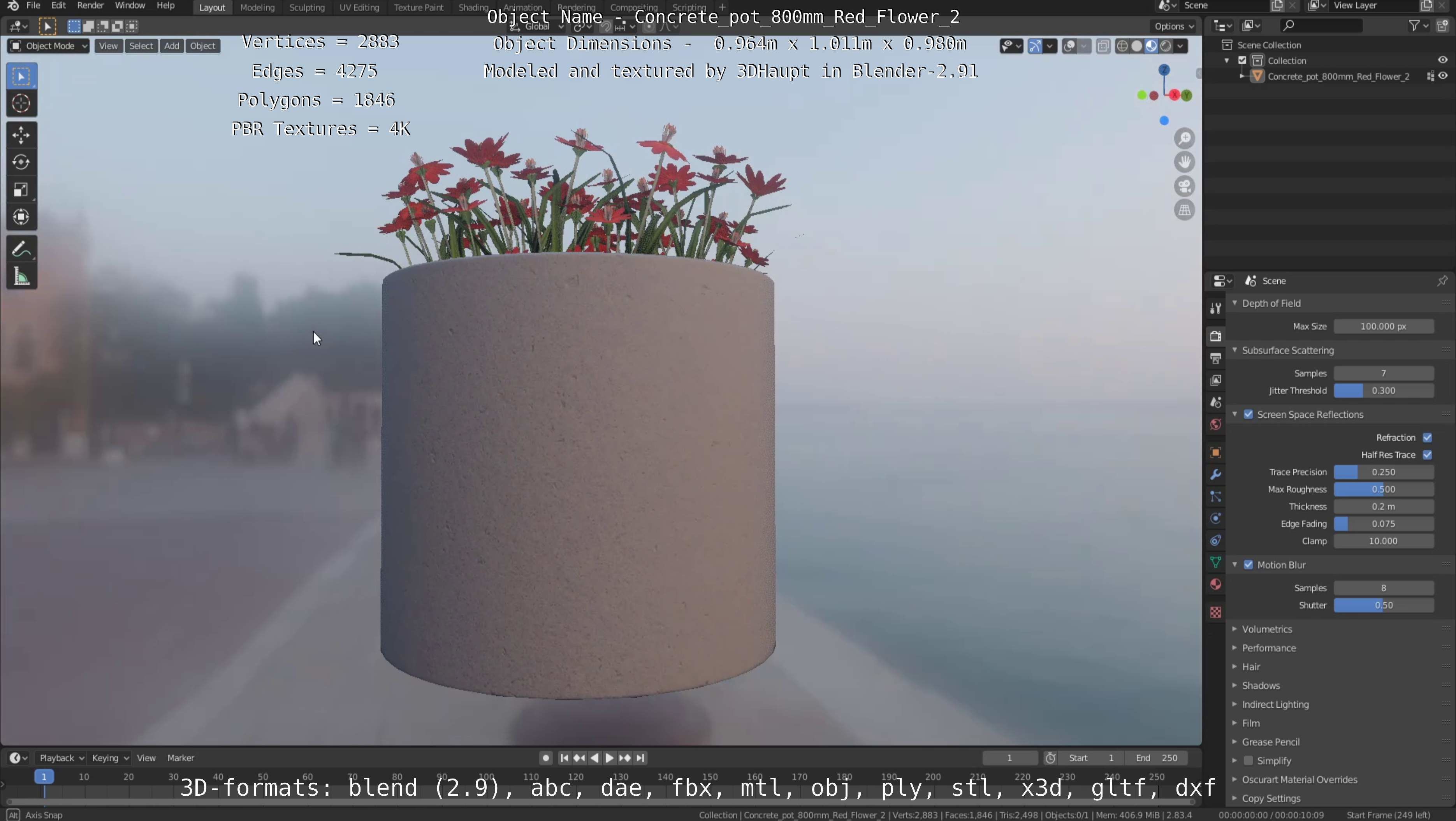 Concrete Pot 800mm with Red Flowers Version 2 Low-poly 3D model_49
