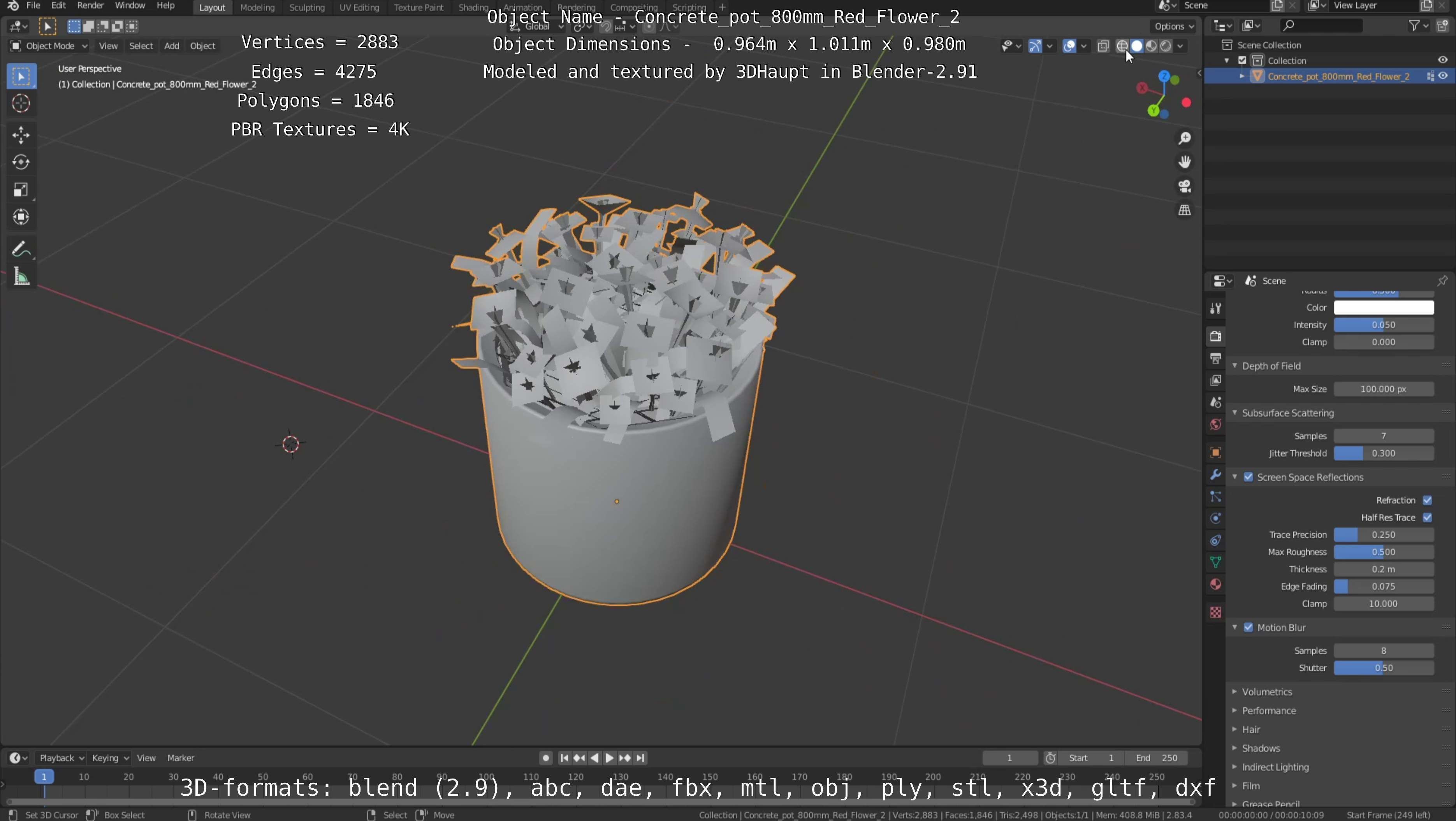Concrete Pot 800mm with Red Flowers Version 2 Low-poly 3D model_107