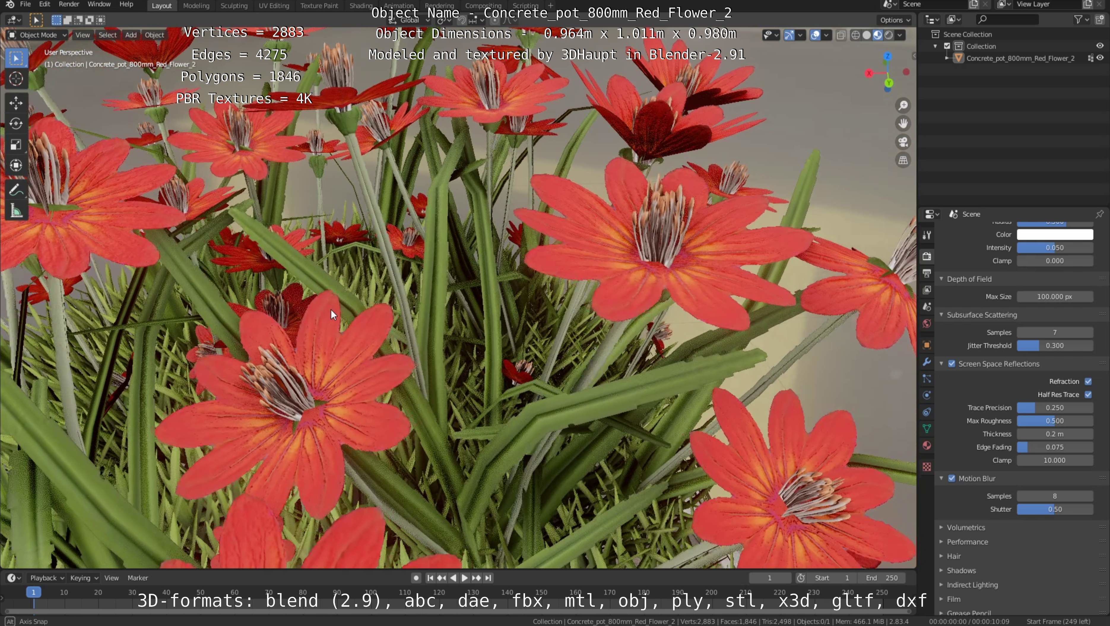 Concrete Pot 800mm with Red Flowers Version 2 Low-poly 3D model_71