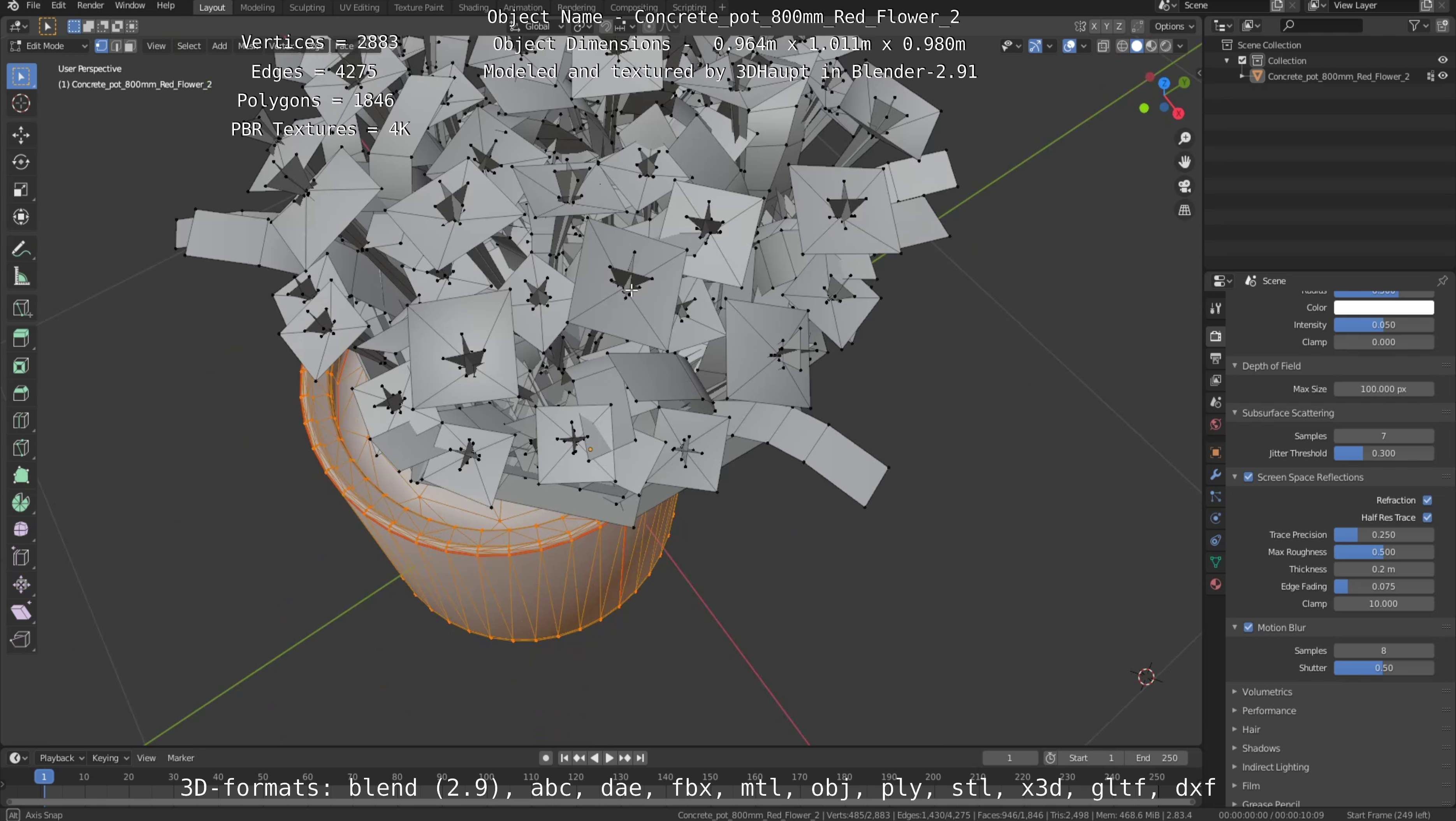 Concrete Pot 800mm with Red Flowers Version 2 Low-poly 3D model_33