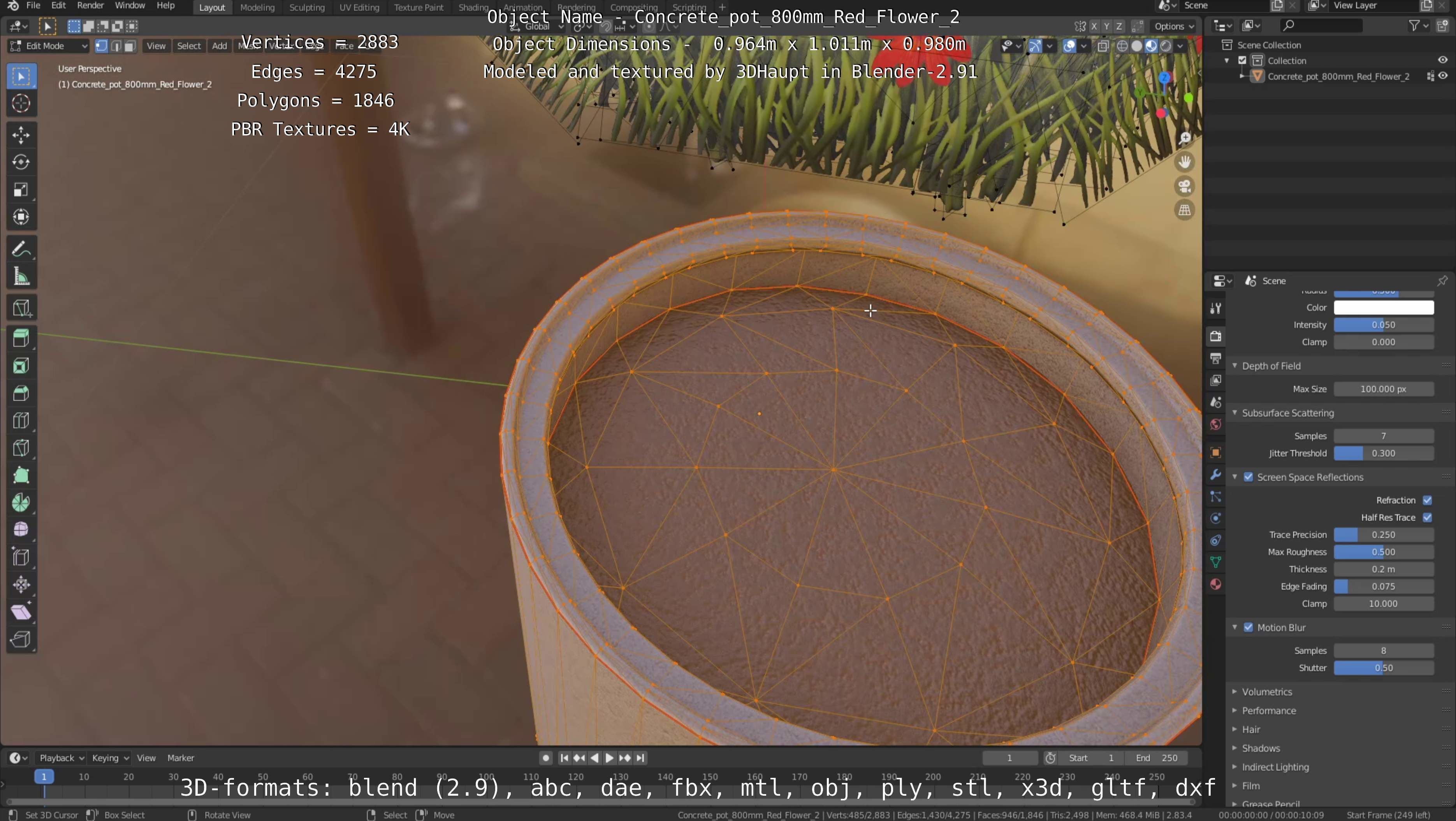 Concrete Pot 800mm with Red Flowers Version 2 Low-poly 3D model_59