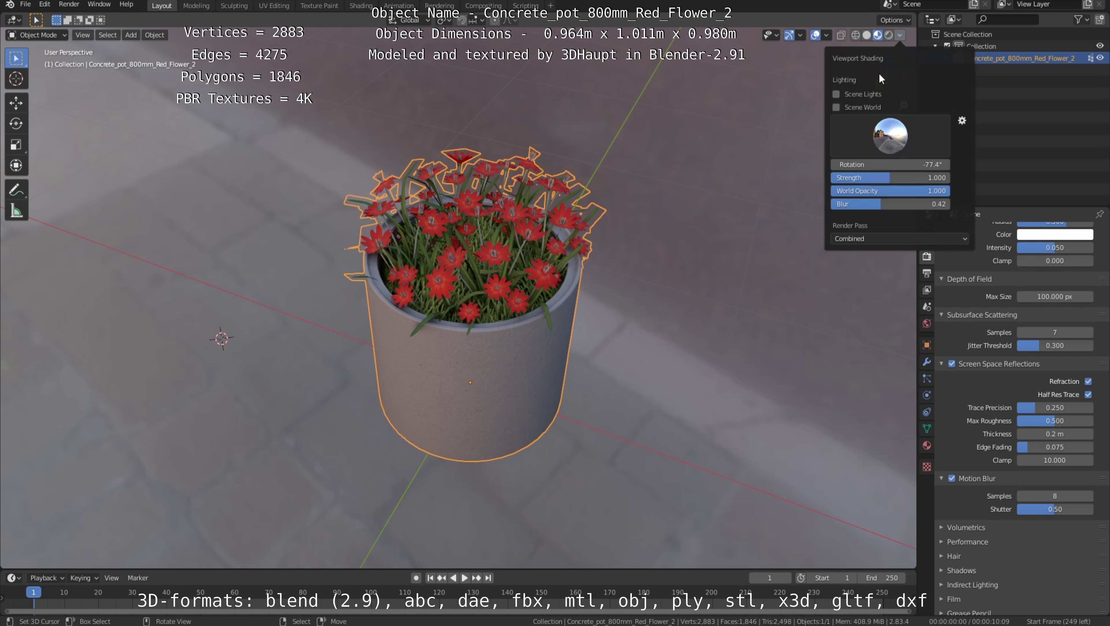 Concrete Pot 800mm with Red Flowers Version 2 Low-poly 3D model_111