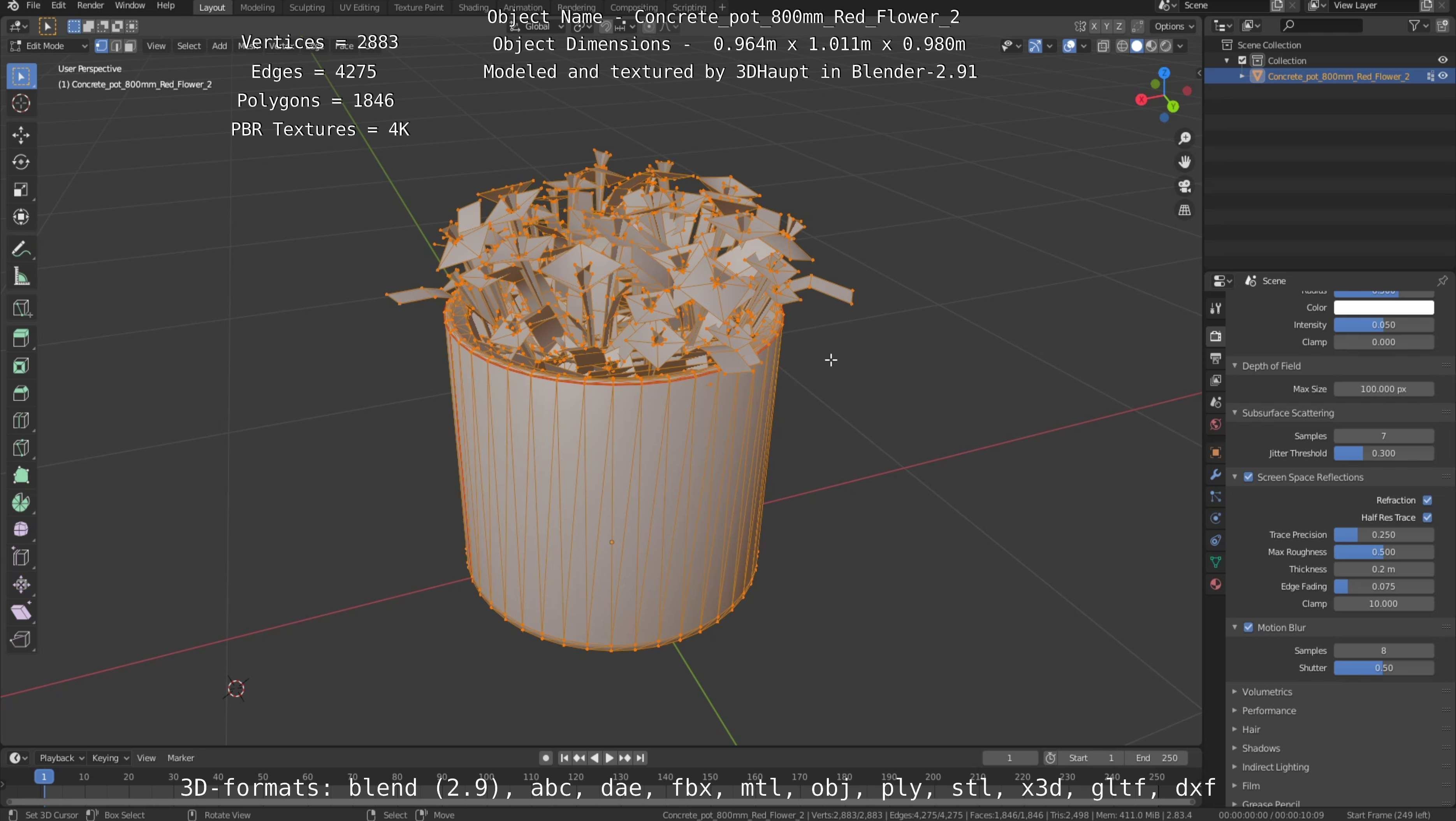Concrete Pot 800mm with Red Flowers Version 2 Low-poly 3D model_6