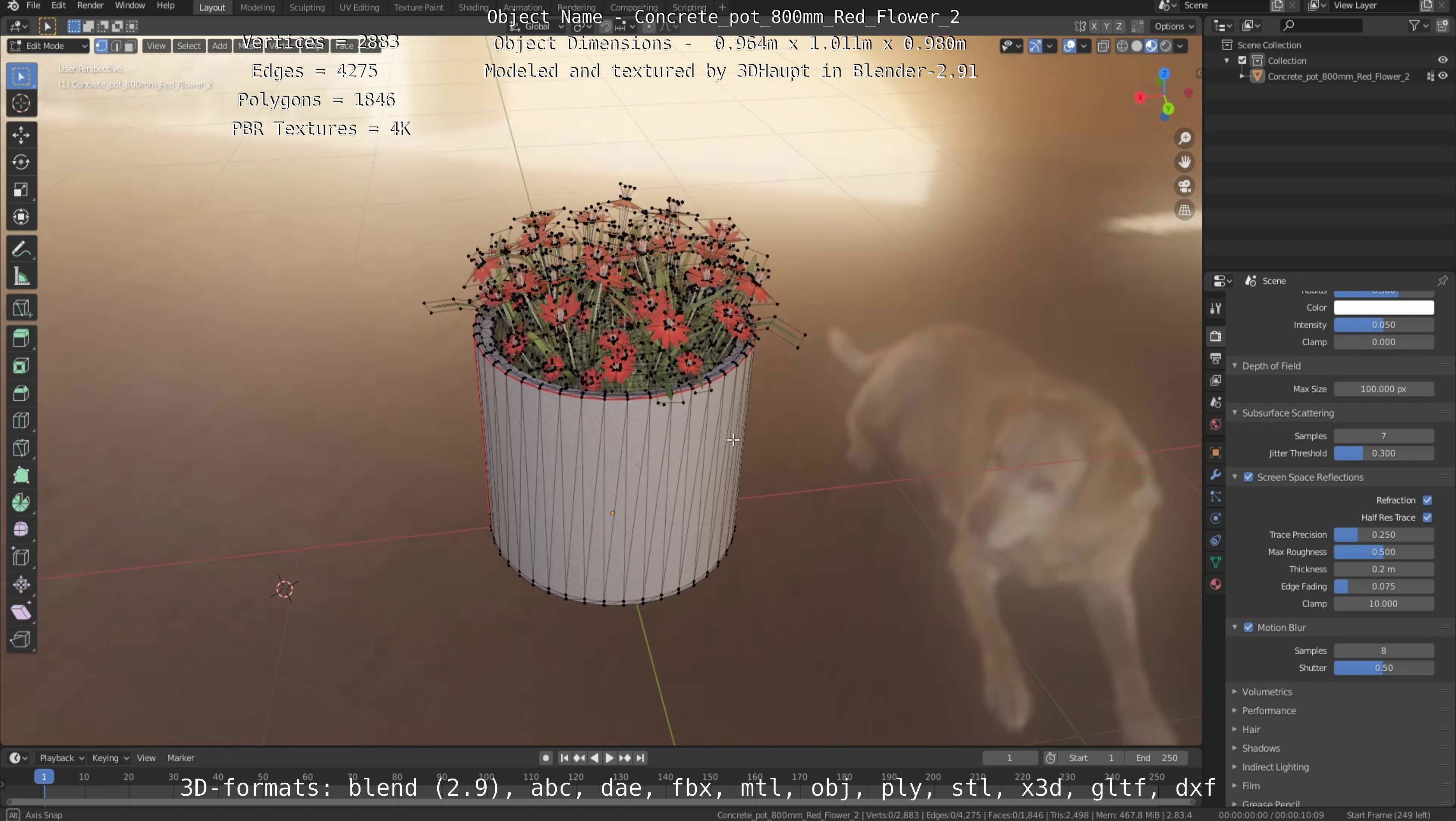 Concrete Pot 800mm with Red Flowers Version 2 Low-poly 3D model_18