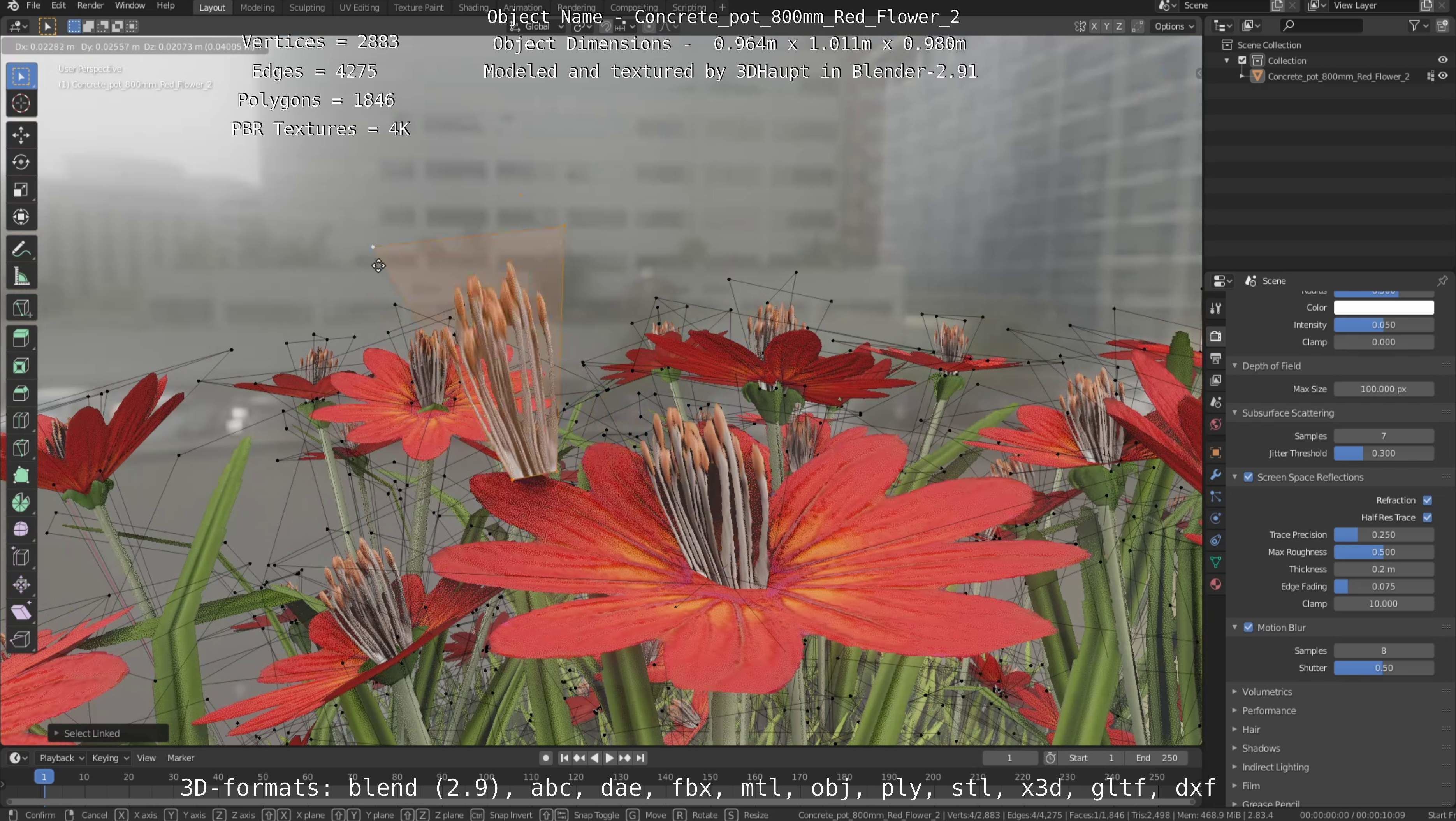 Concrete Pot 800mm with Red Flowers Version 2 Low-poly 3D model_41