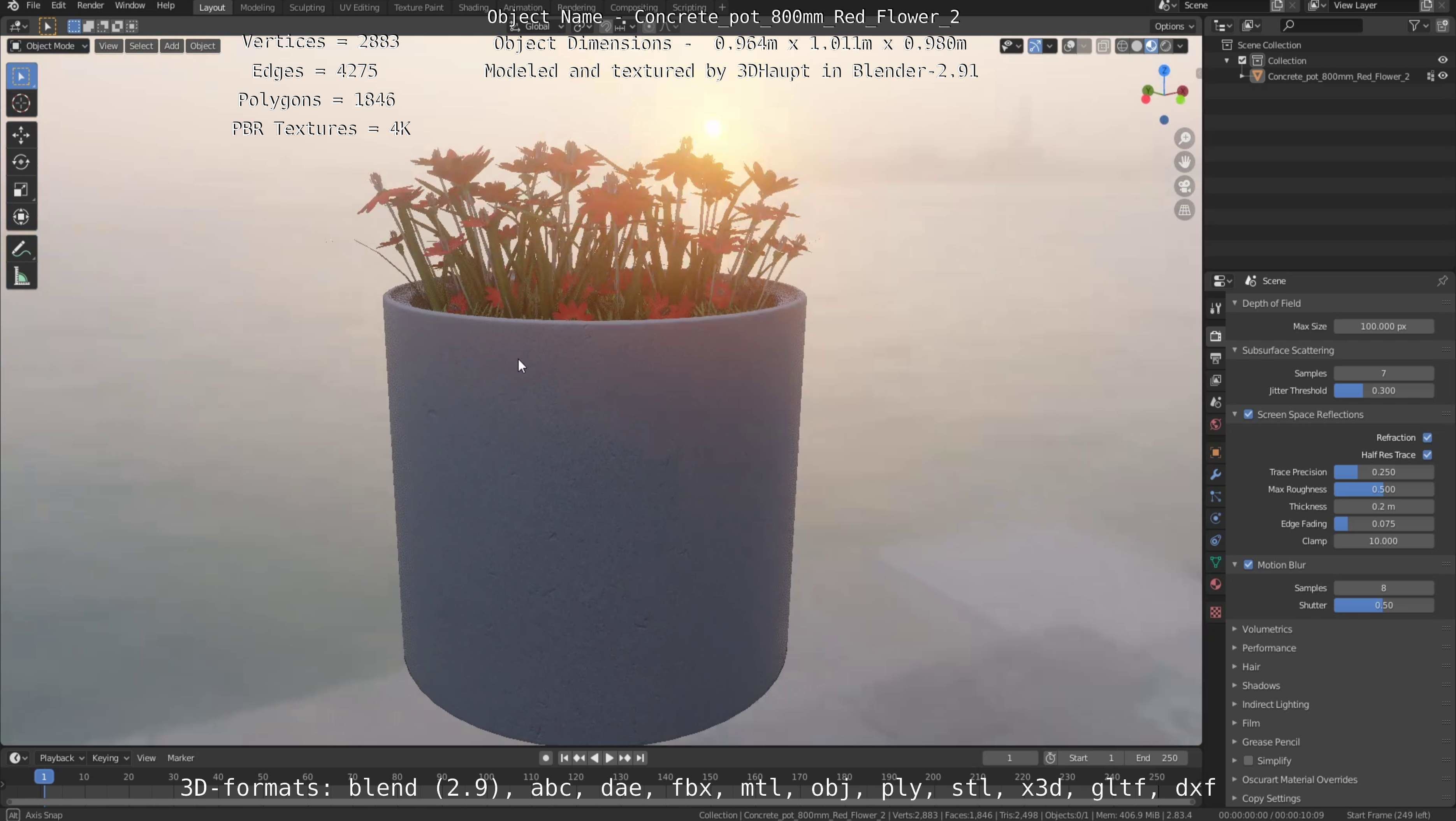 Concrete Pot 800mm with Red Flowers Version 2 Low-poly 3D model_90