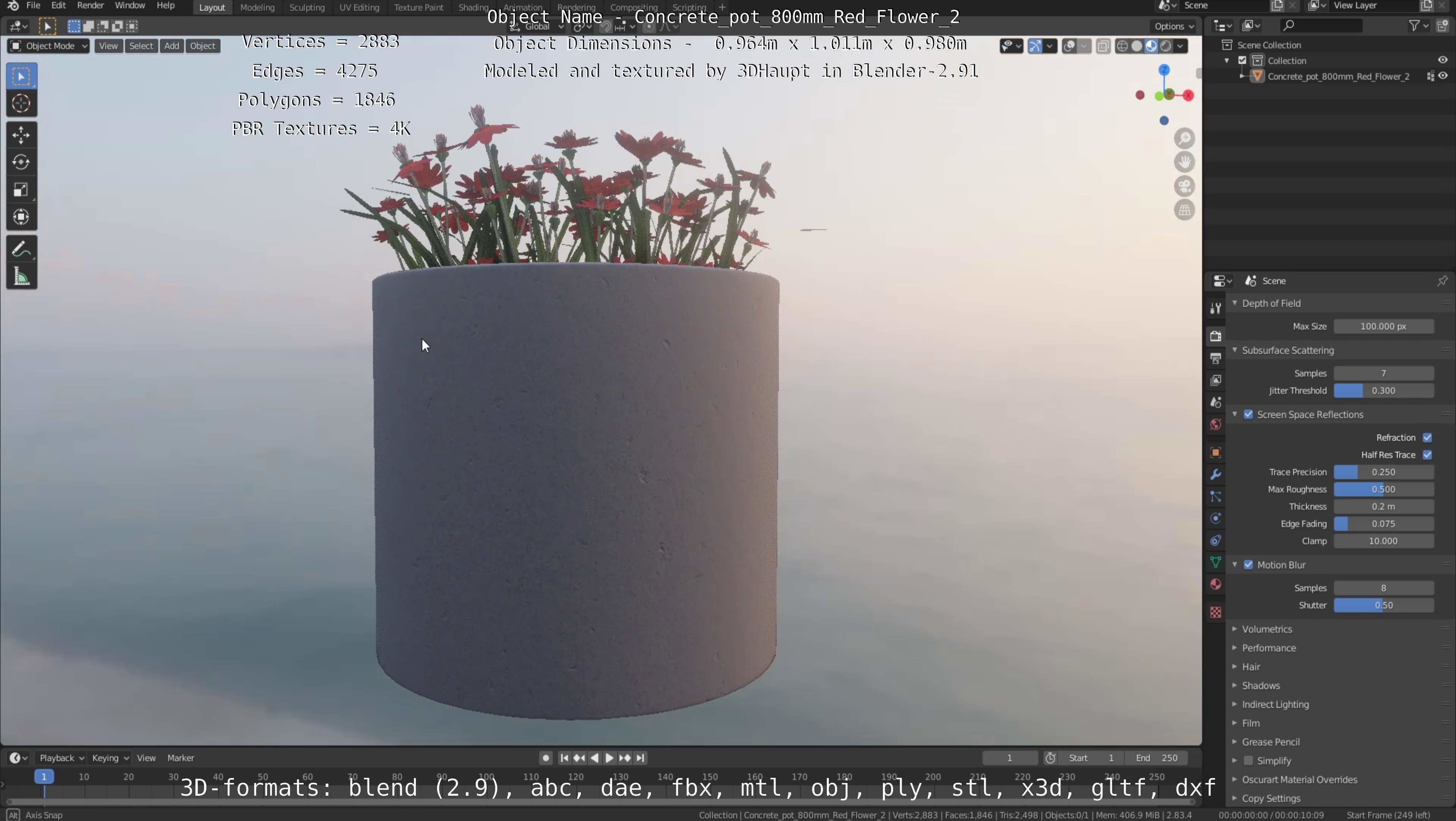 Concrete Pot 800mm with Red Flowers Version 2 Low-poly 3D model_91
