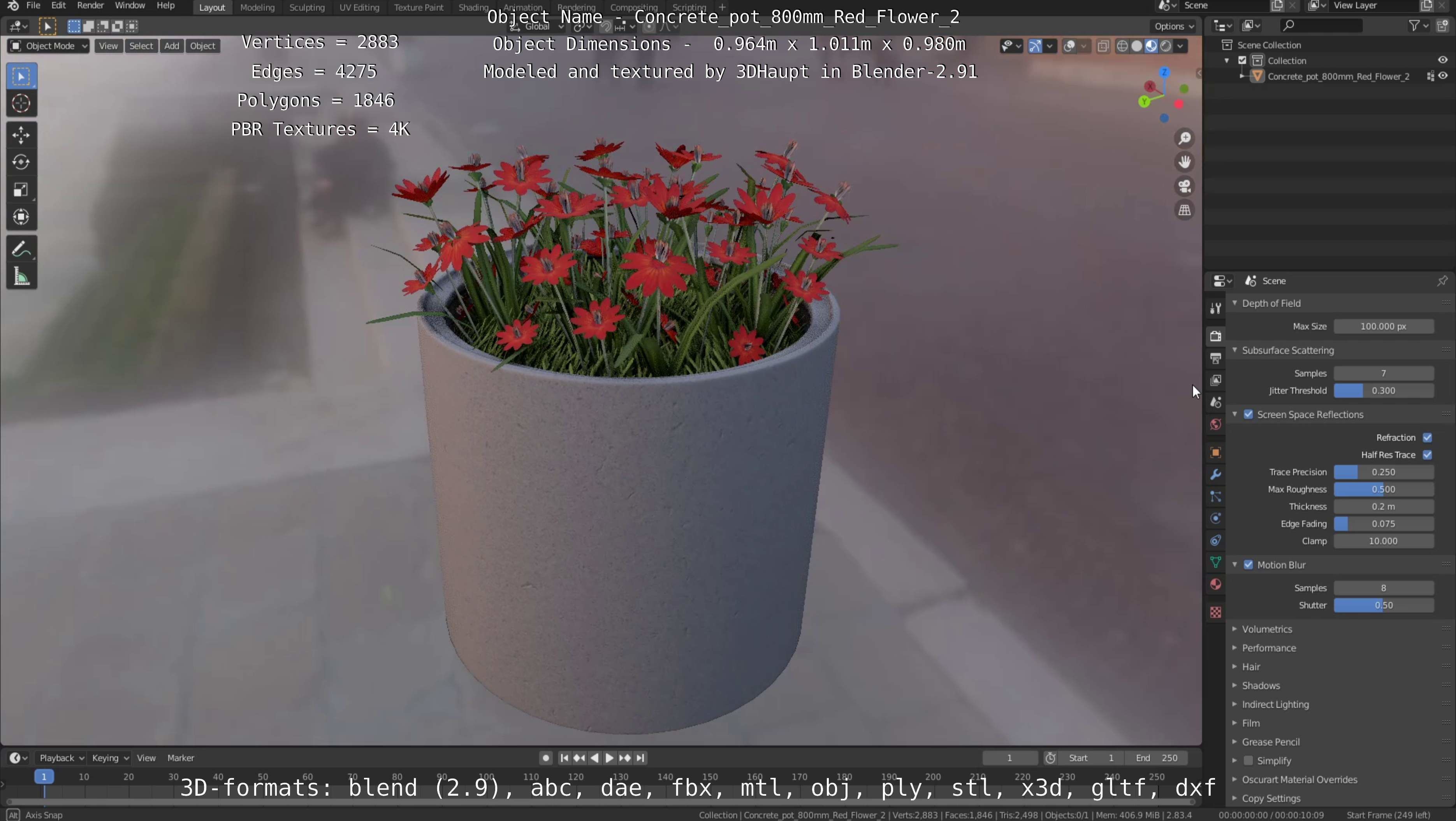 Concrete Pot 800mm with Red Flowers Version 2 Low-poly 3D model_2