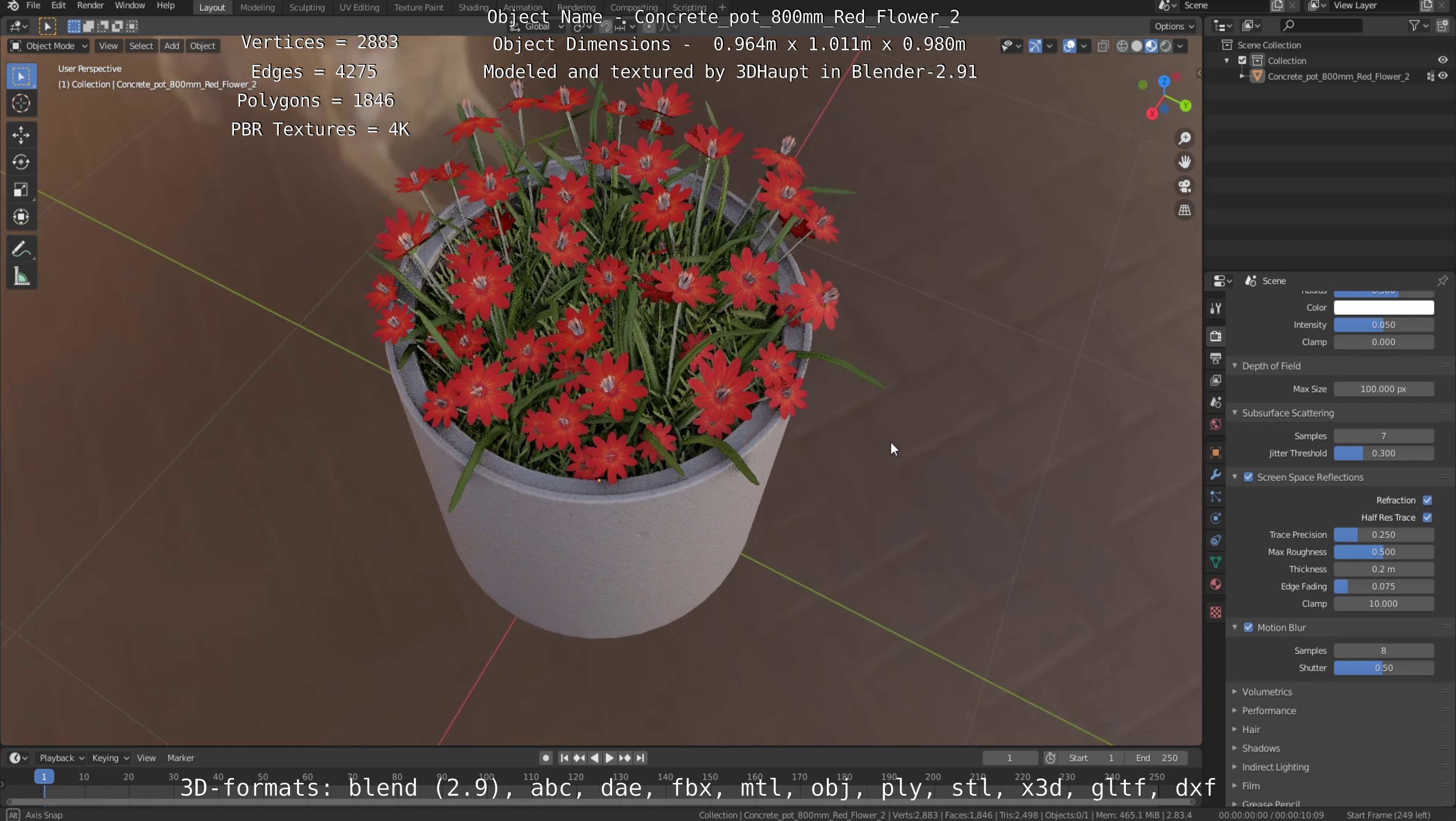 Concrete Pot 800mm with Red Flowers Version 2 Low-poly 3D model_116