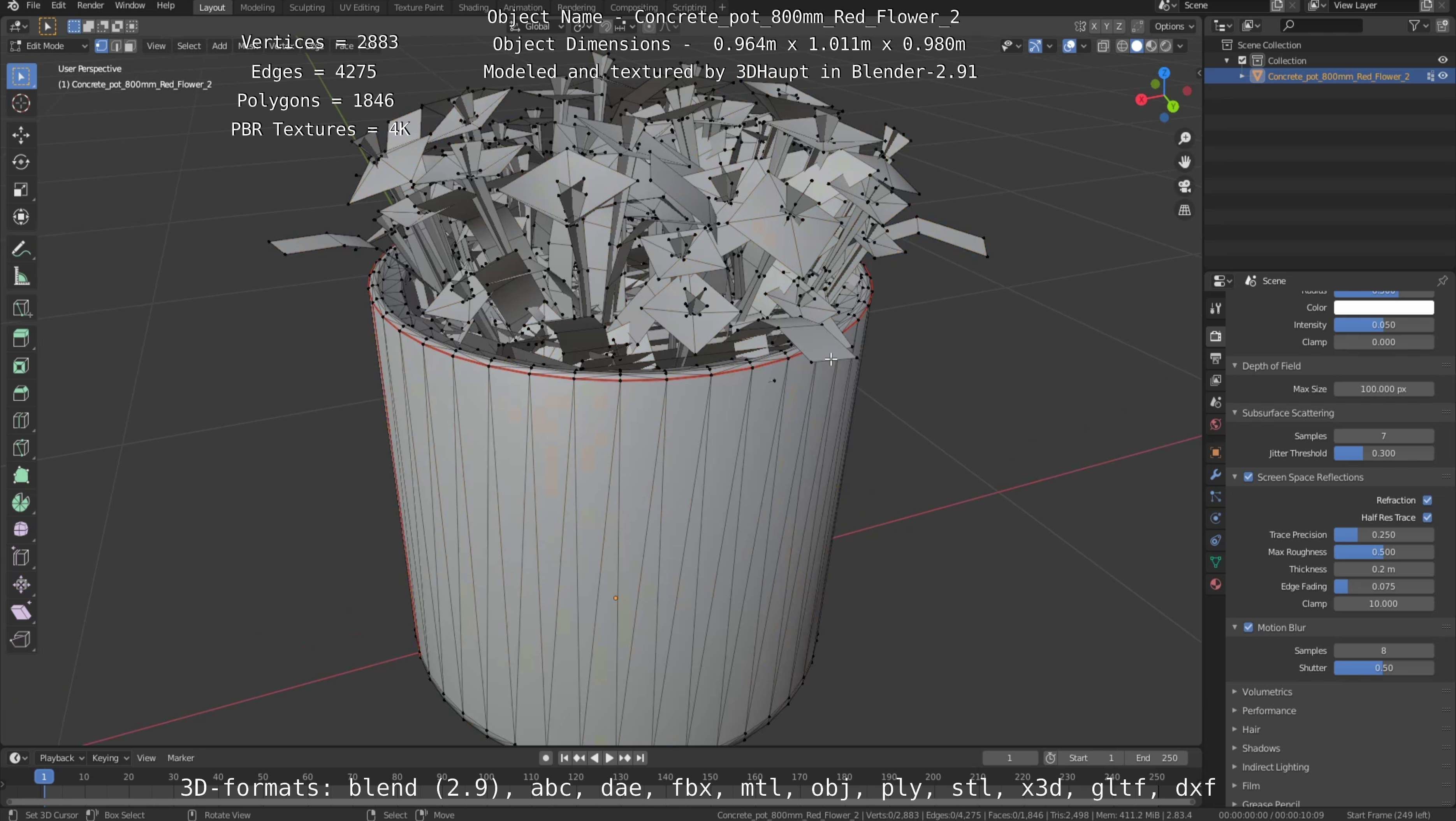 Concrete Pot 800mm with Red Flowers Version 2 Low-poly 3D model_7