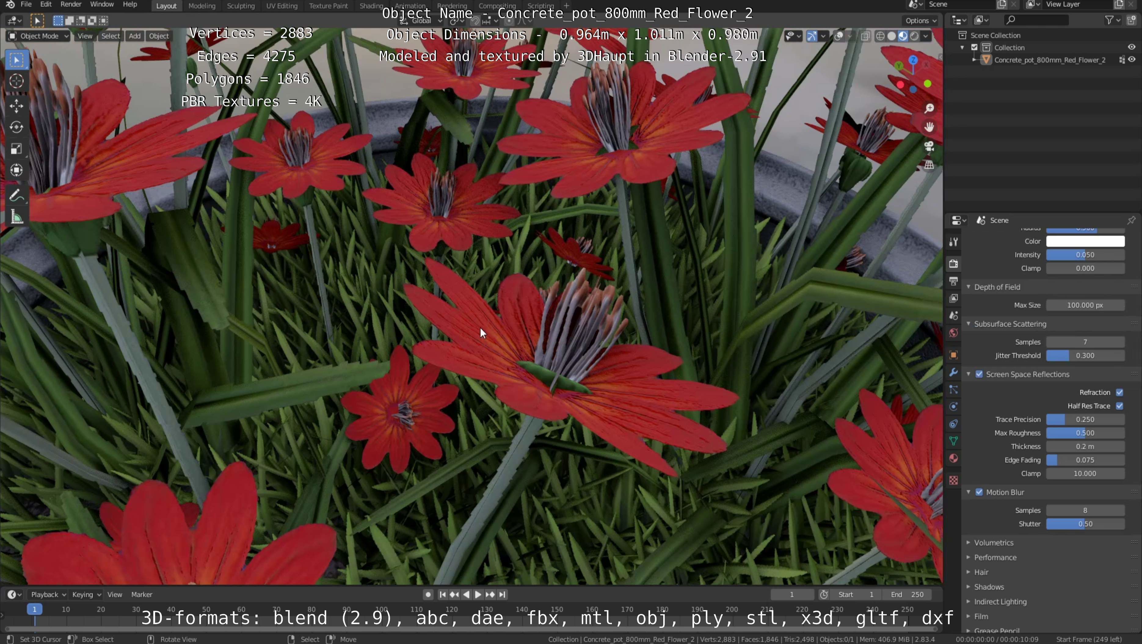 Concrete Pot 800mm with Red Flowers Version 2 Low-poly 3D model_46