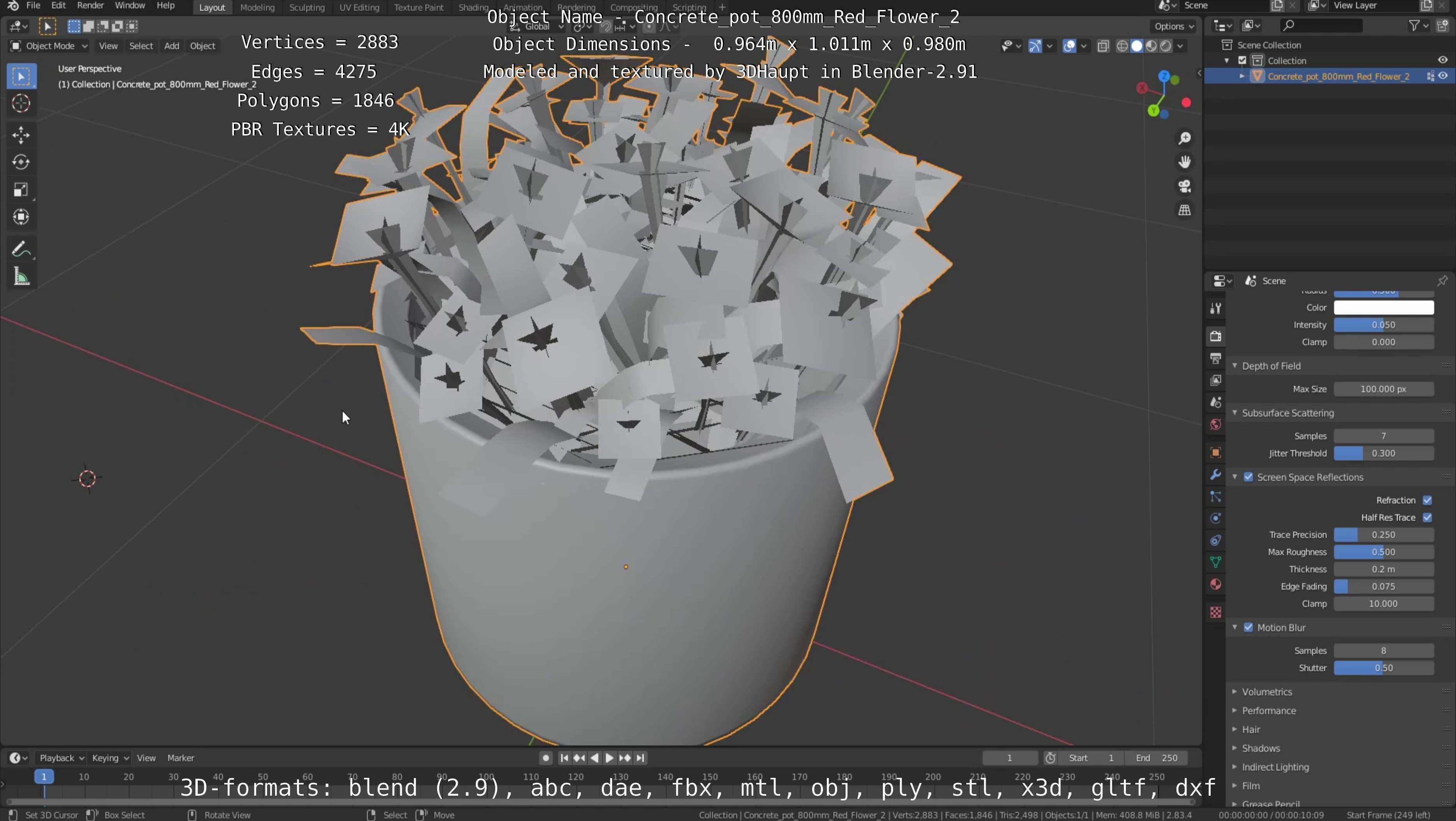 Concrete Pot 800mm with Red Flowers Version 2 Low-poly 3D model_105