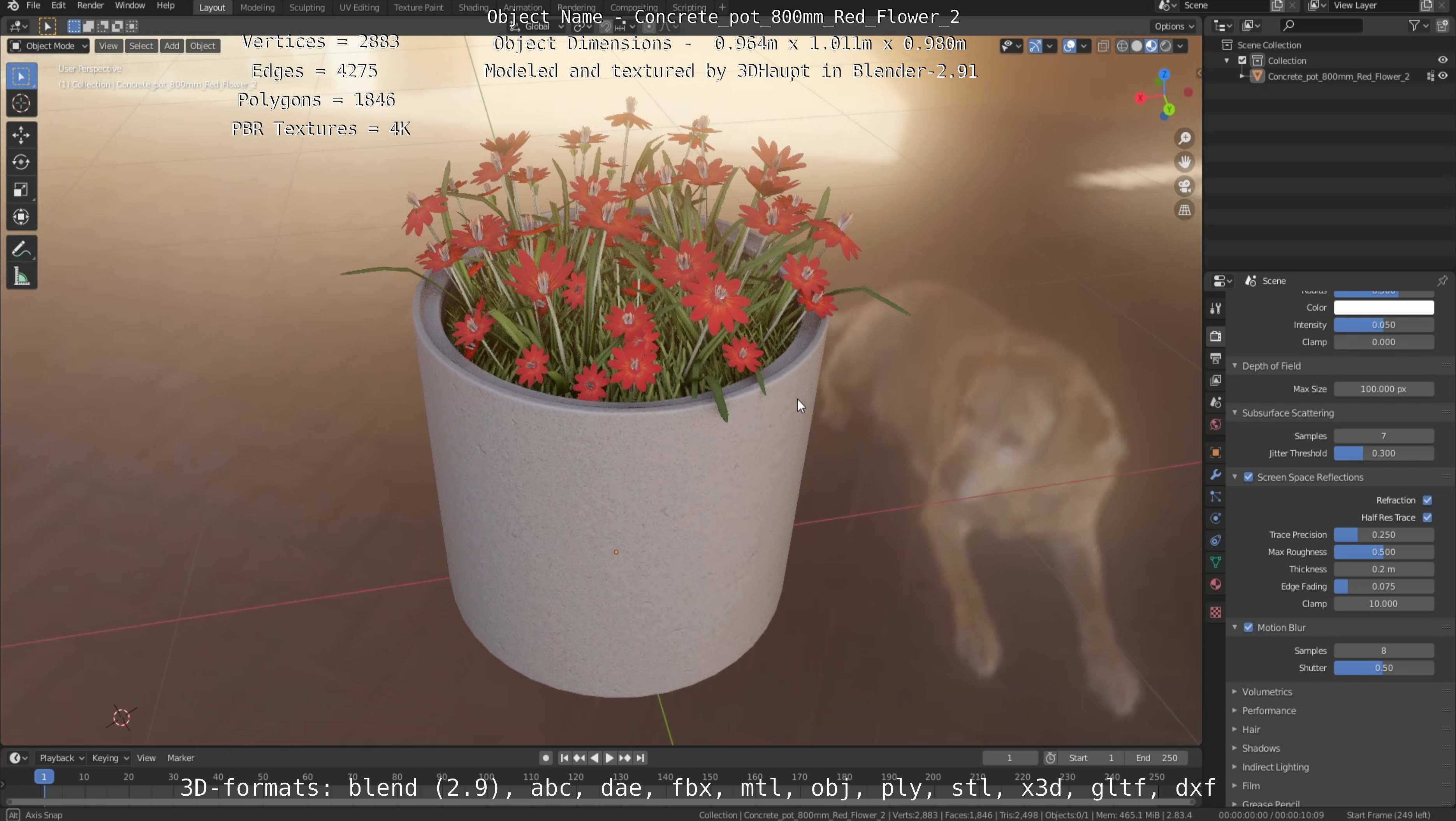 Concrete Pot 800mm with Red Flowers Version 2 Low-poly 3D model_17