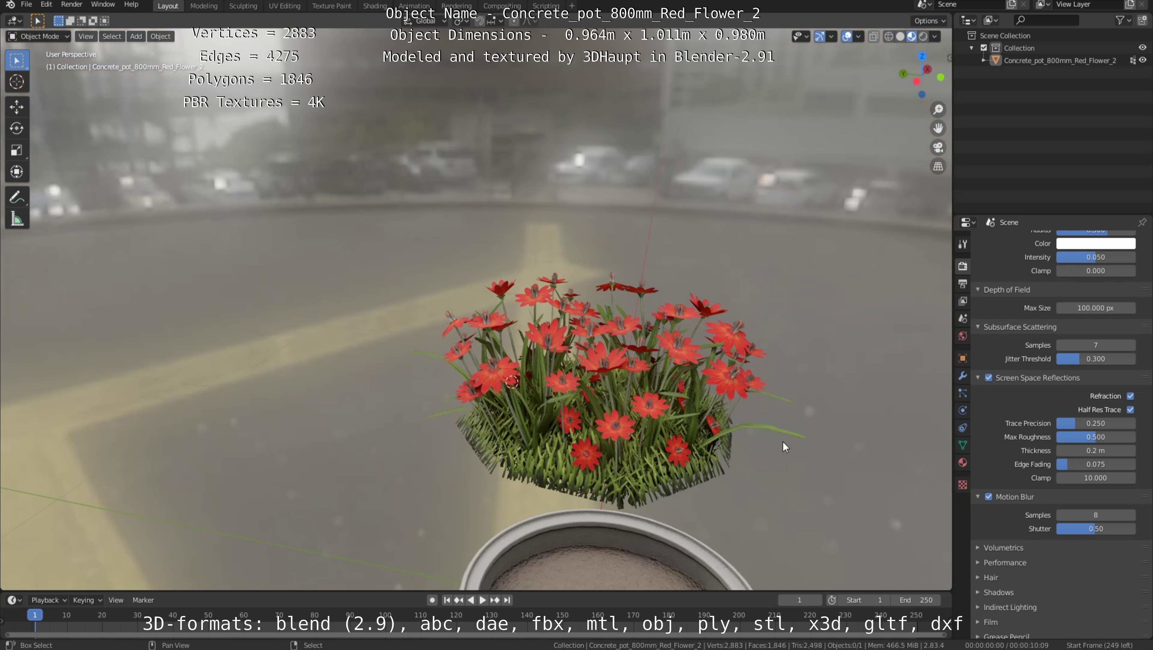 Concrete Pot 800mm with Red Flowers Version 2 Low-poly 3D model_80