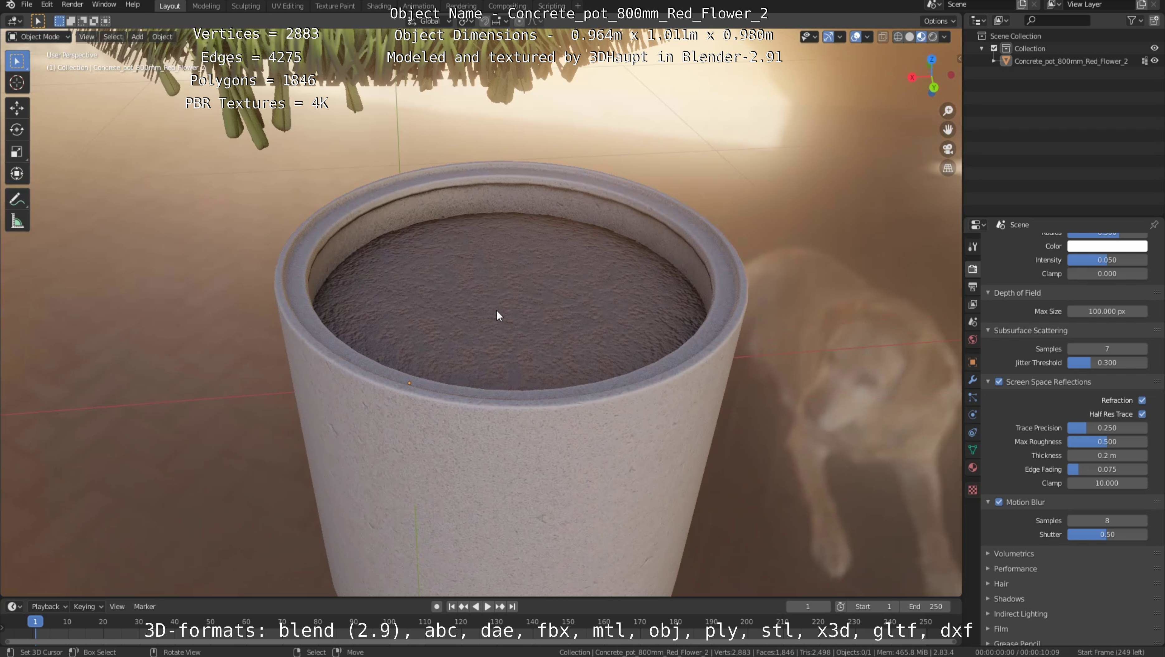 Concrete Pot 800mm with Red Flowers Version 2 Low-poly 3D model_25