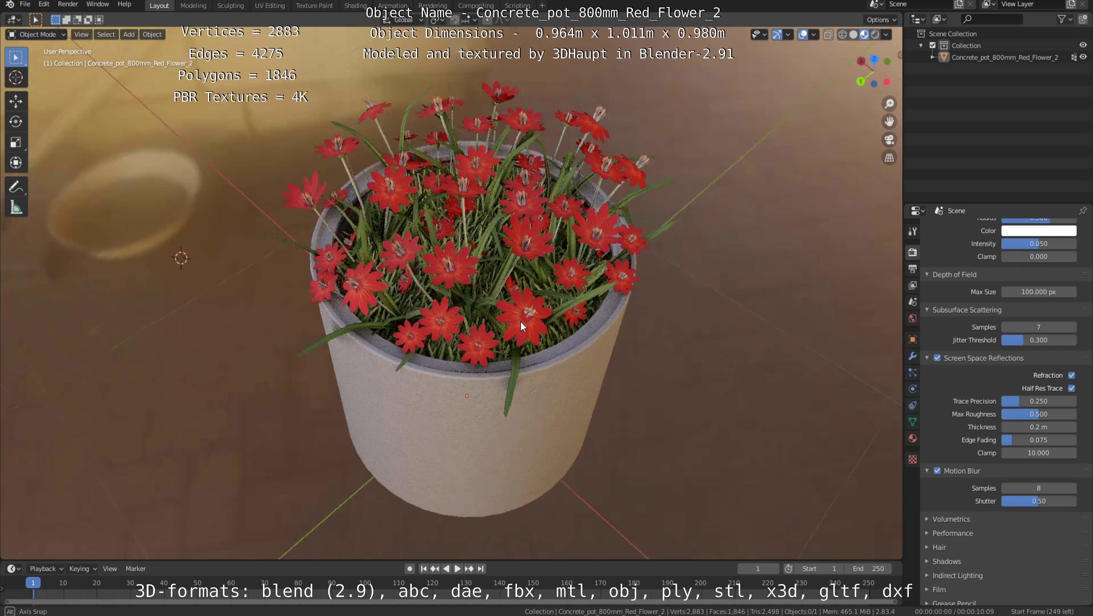 Concrete Pot 800mm with Red Flowers Version 2 Low-poly 3D model_114