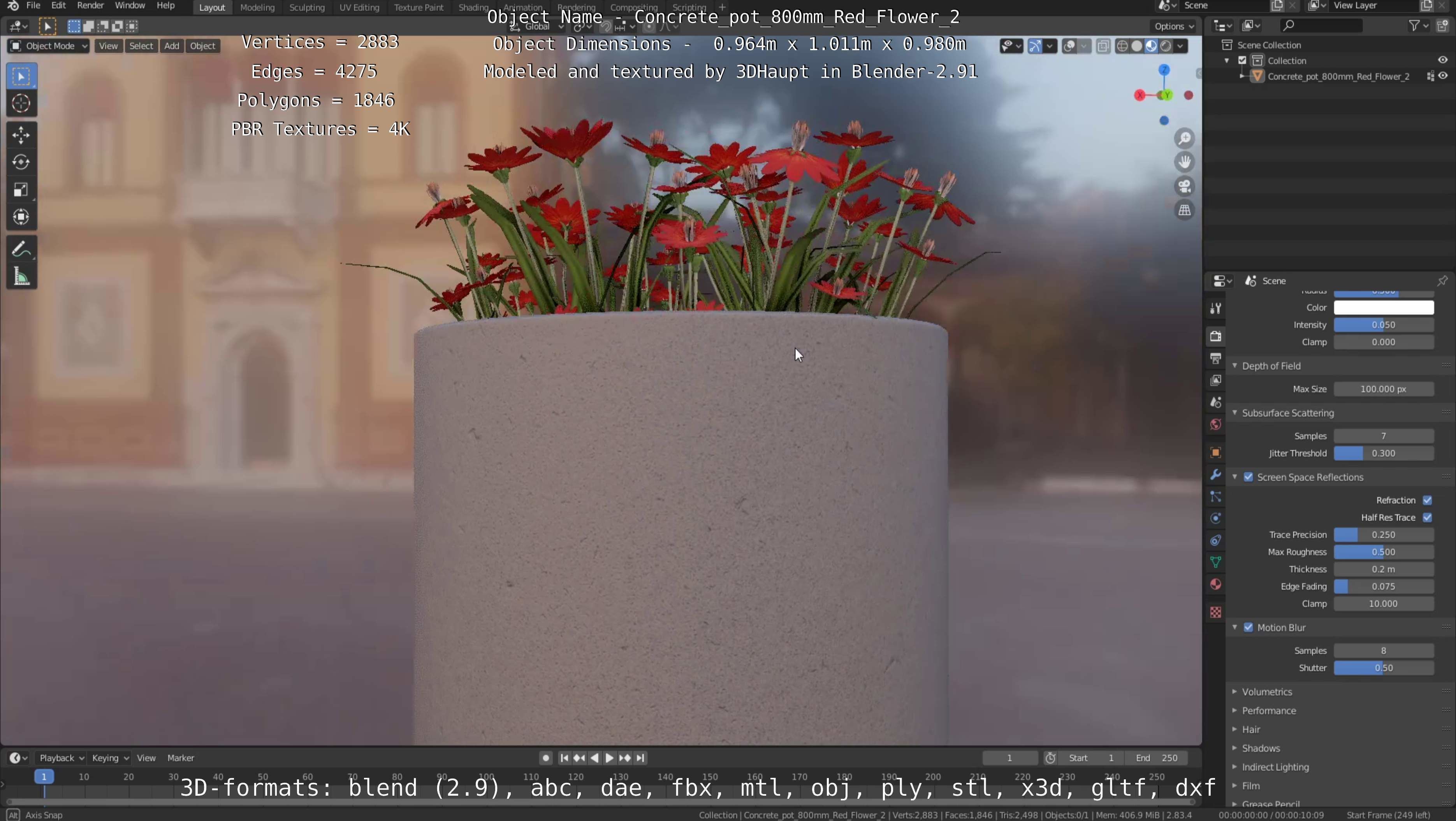 Concrete Pot 800mm with Red Flowers Version 2 Low-poly 3D model_92