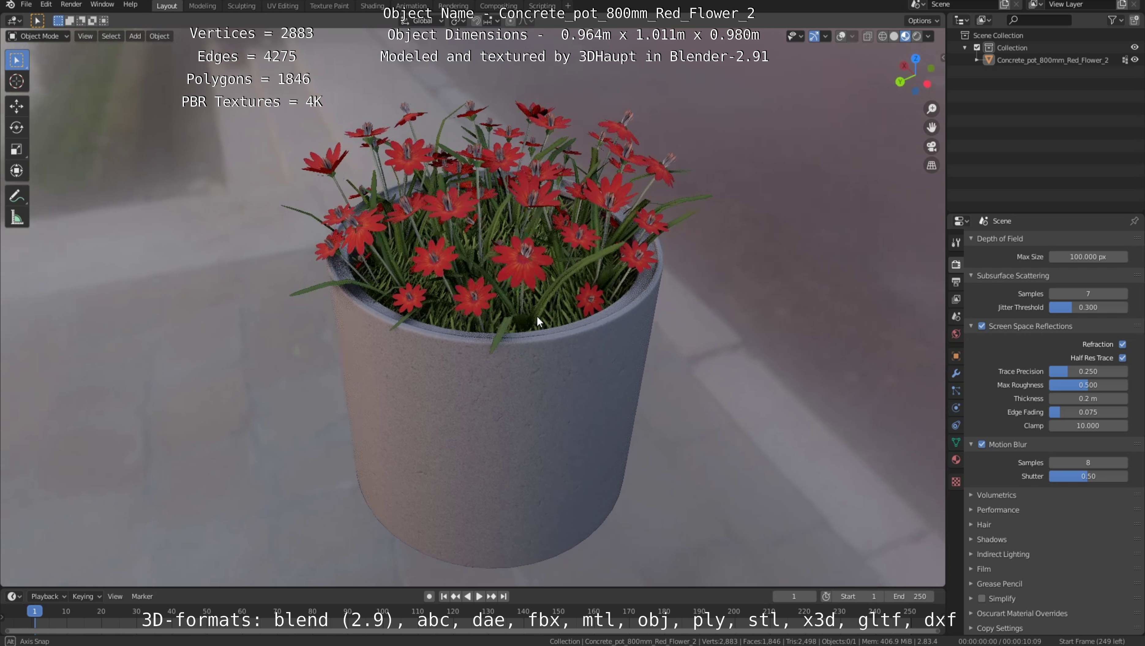 Concrete Pot 800mm with Red Flowers Version 2 Low-poly 3D model_88