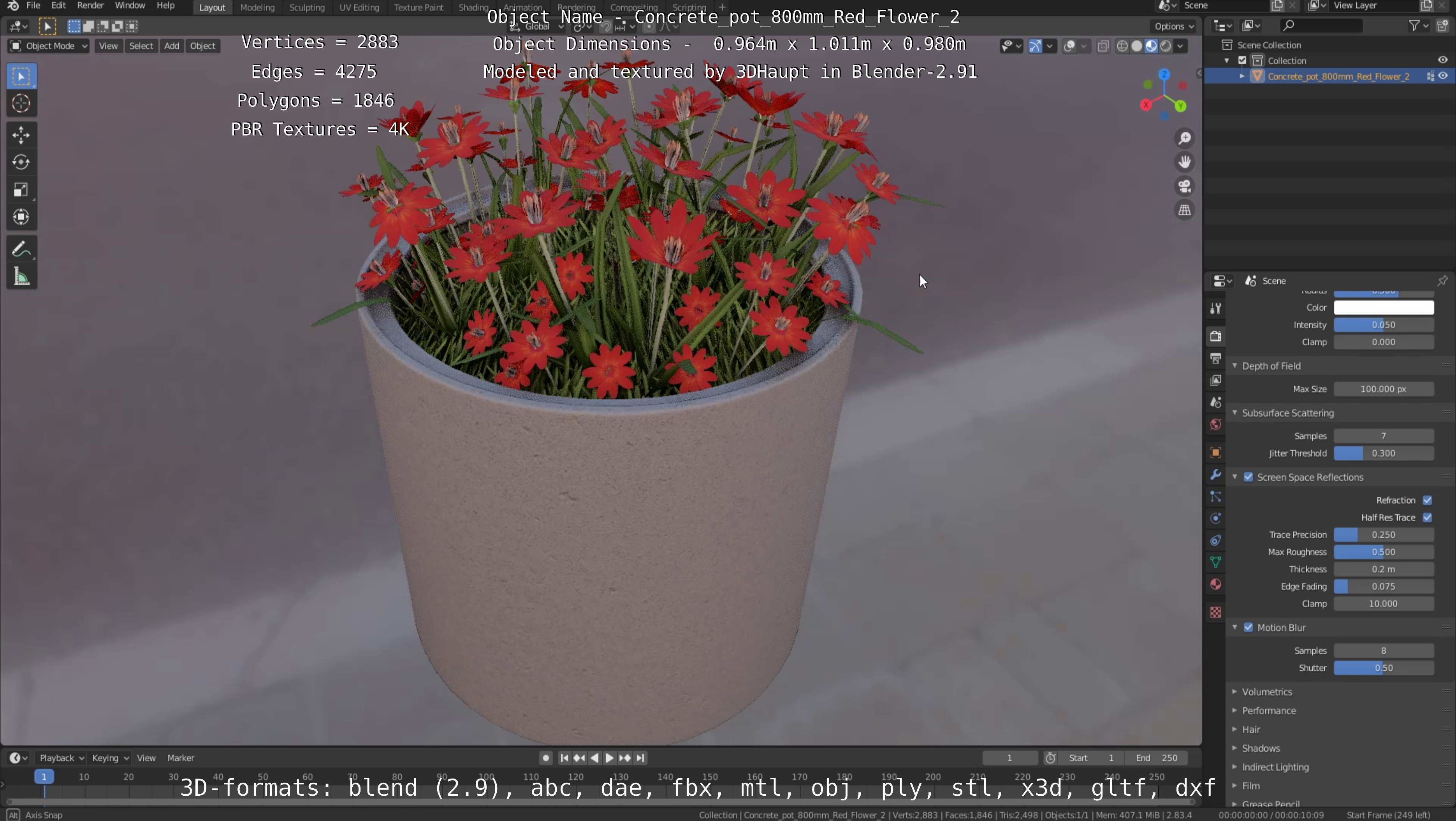 Concrete Pot 800mm with Red Flowers Version 2 Low-poly 3D model_4