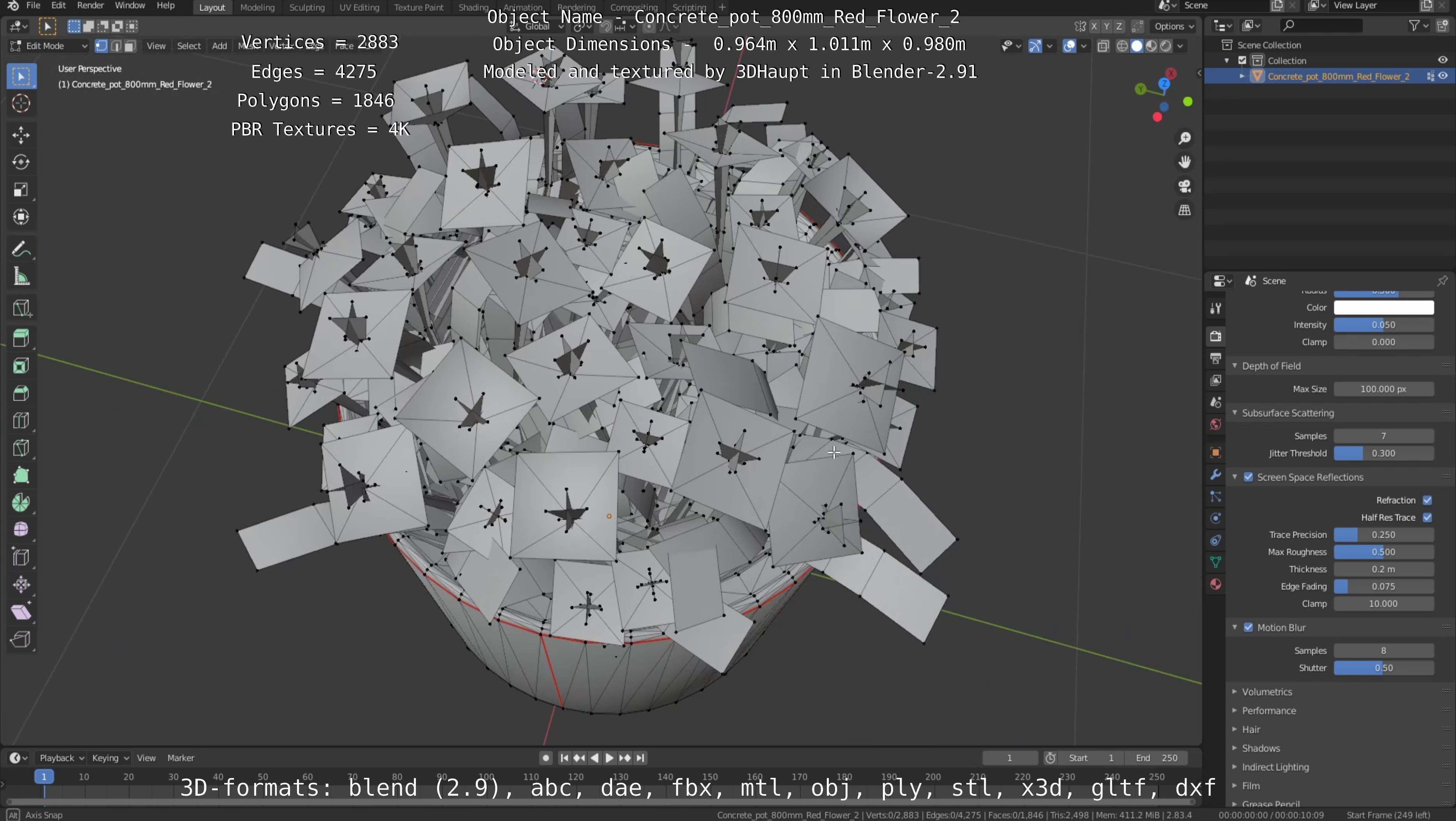 Concrete Pot 800mm with Red Flowers Version 2 Low-poly 3D model_10