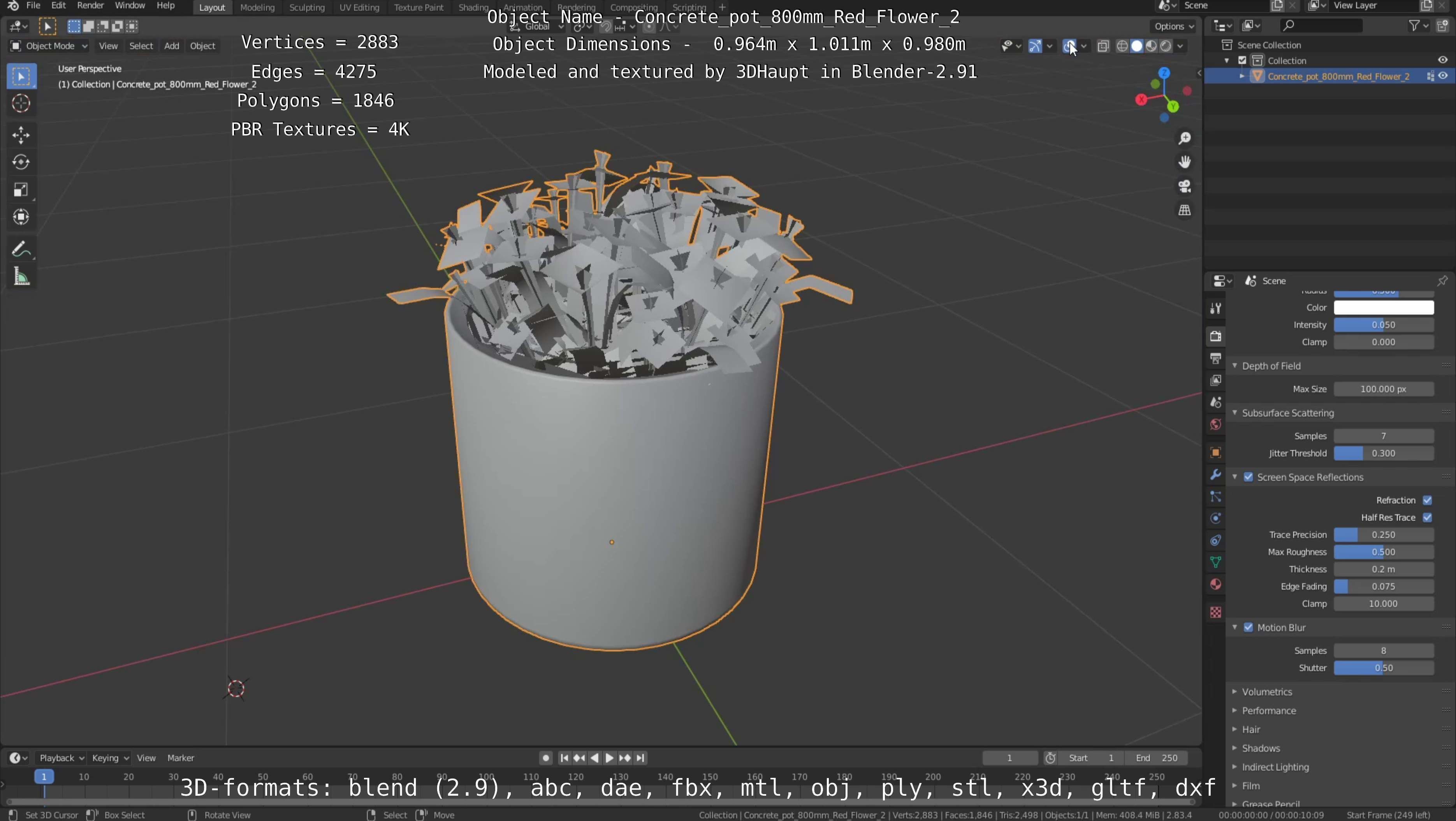Concrete Pot 800mm with Red Flowers Version 2 Low-poly 3D model_5