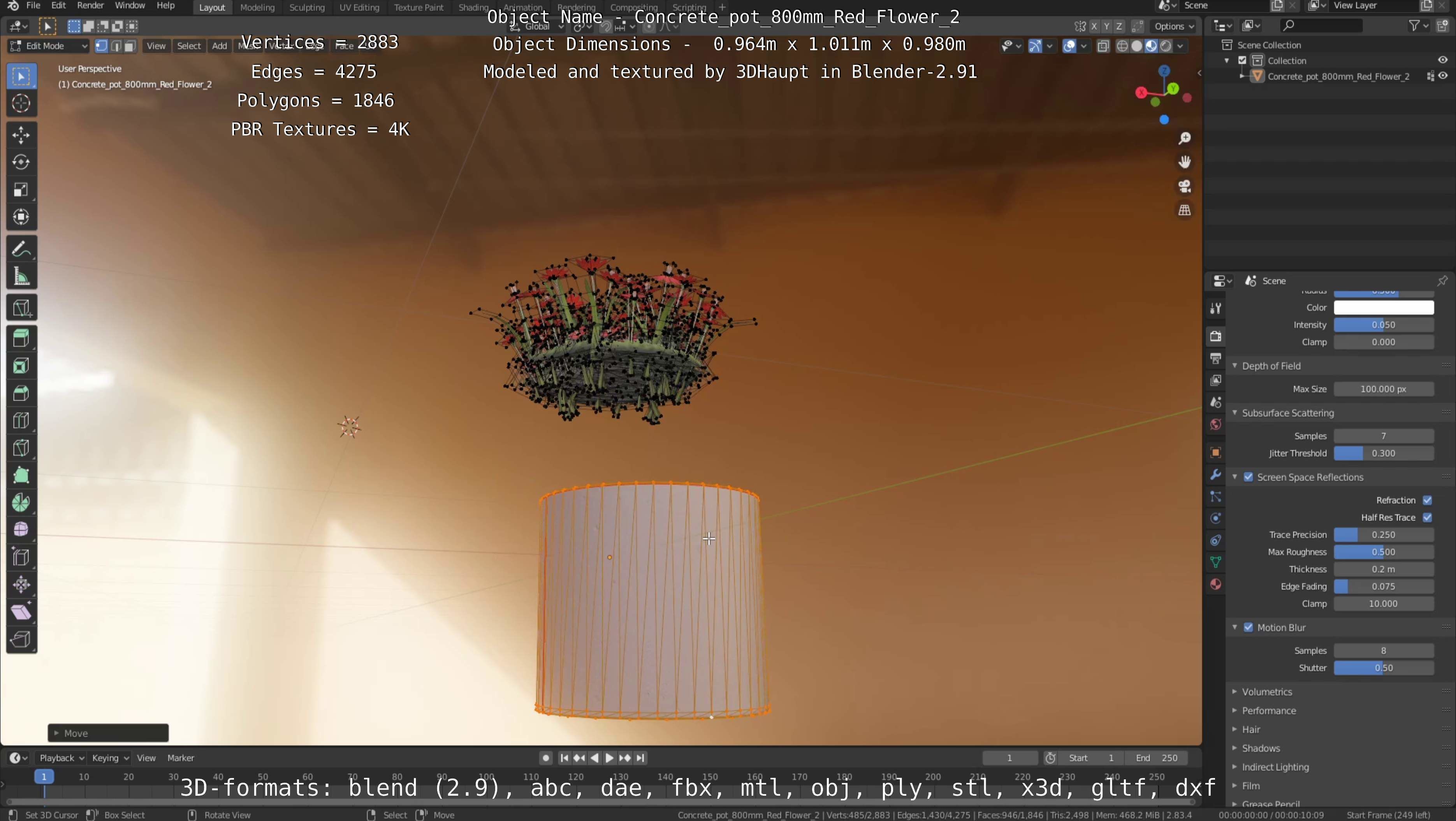 Concrete Pot 800mm with Red Flowers Version 2 Low-poly 3D model_21