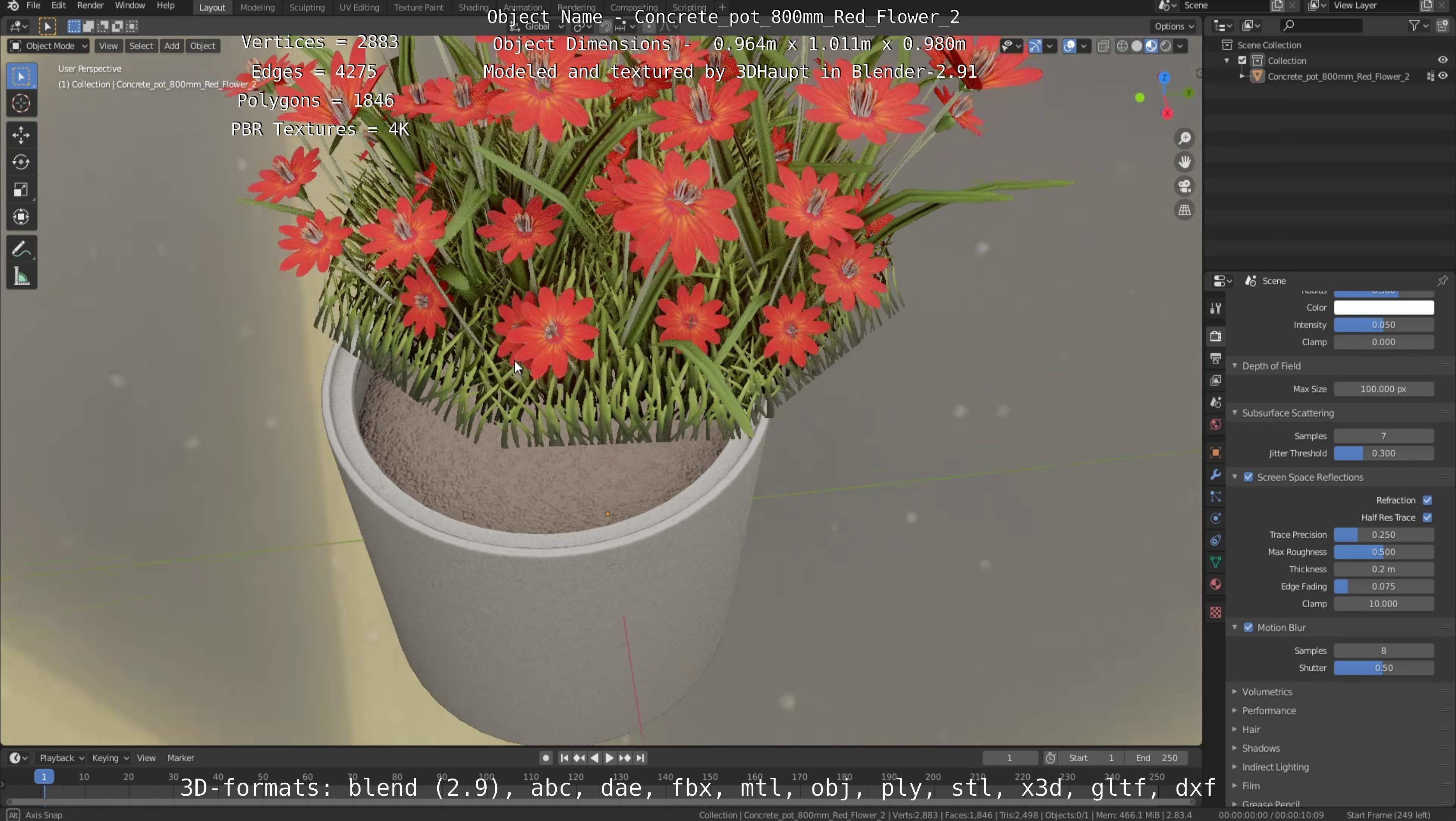Concrete Pot 800mm with Red Flowers Version 2 Low-poly 3D model_39