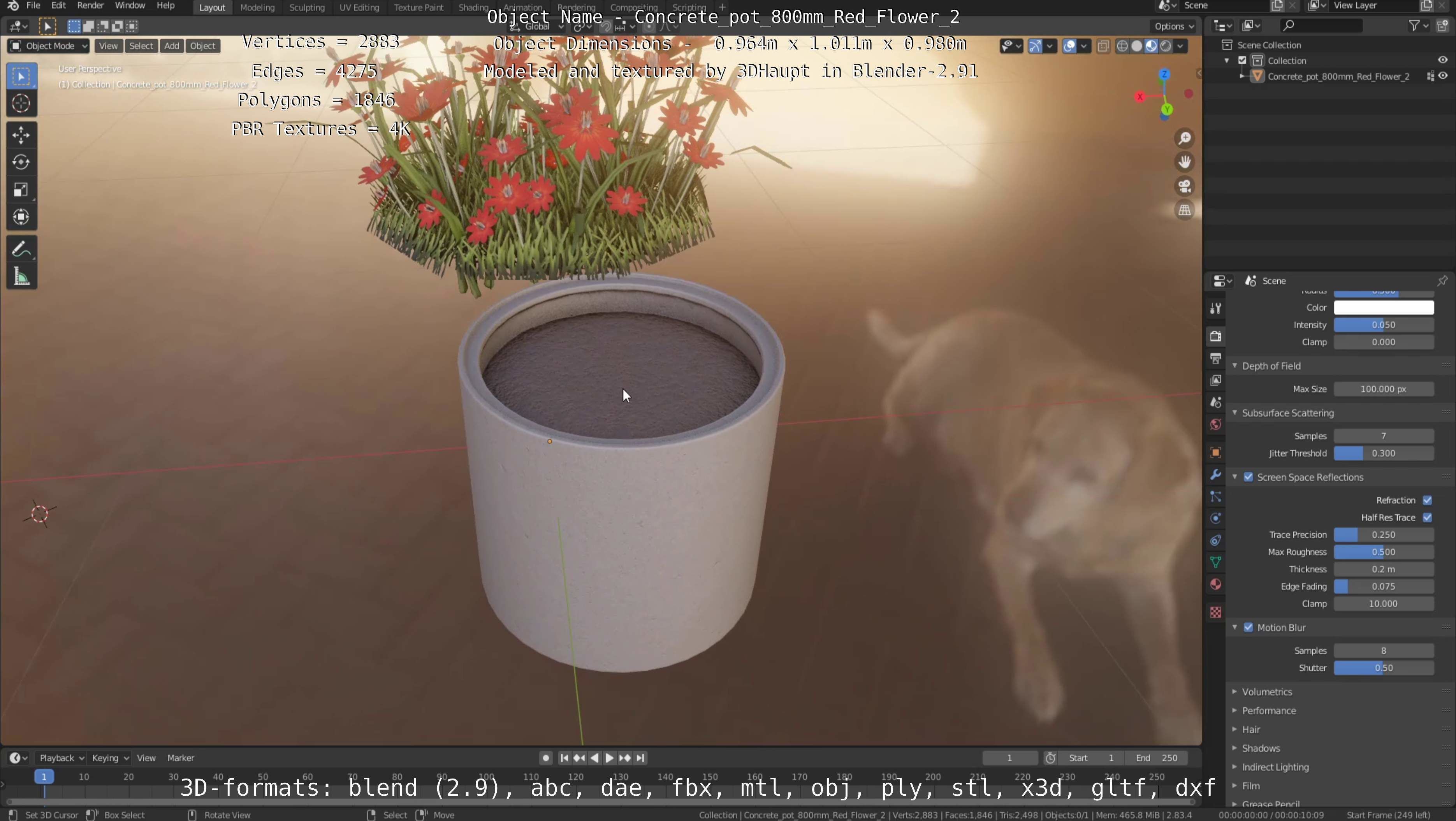 Concrete Pot 800mm with Red Flowers Version 2 Low-poly 3D model_23