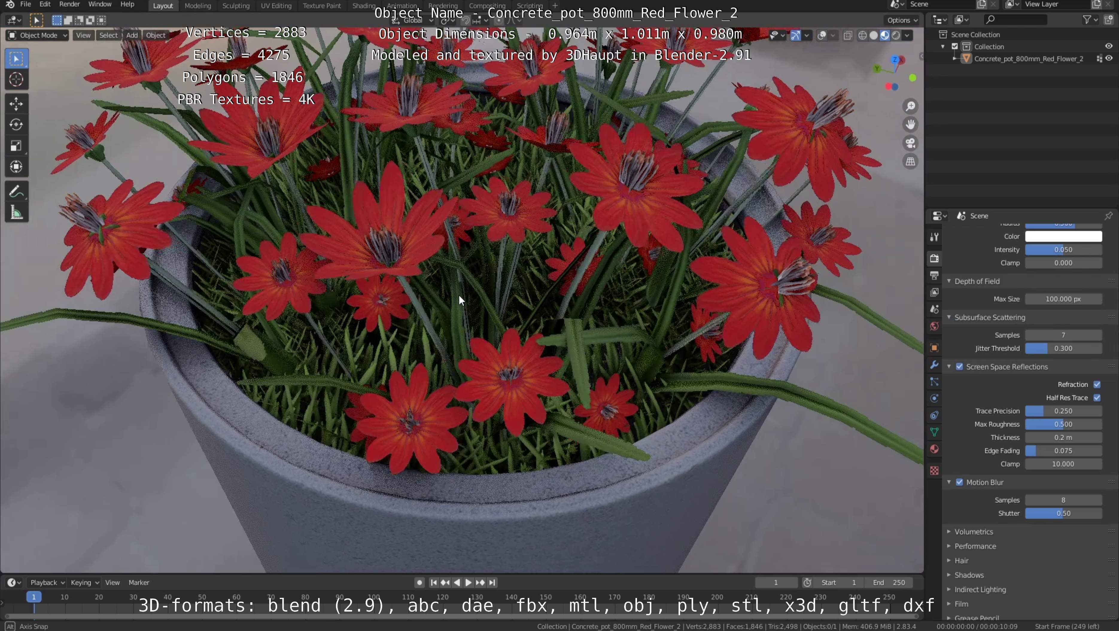 Concrete Pot 800mm with Red Flowers Version 2 Low-poly 3D model_24