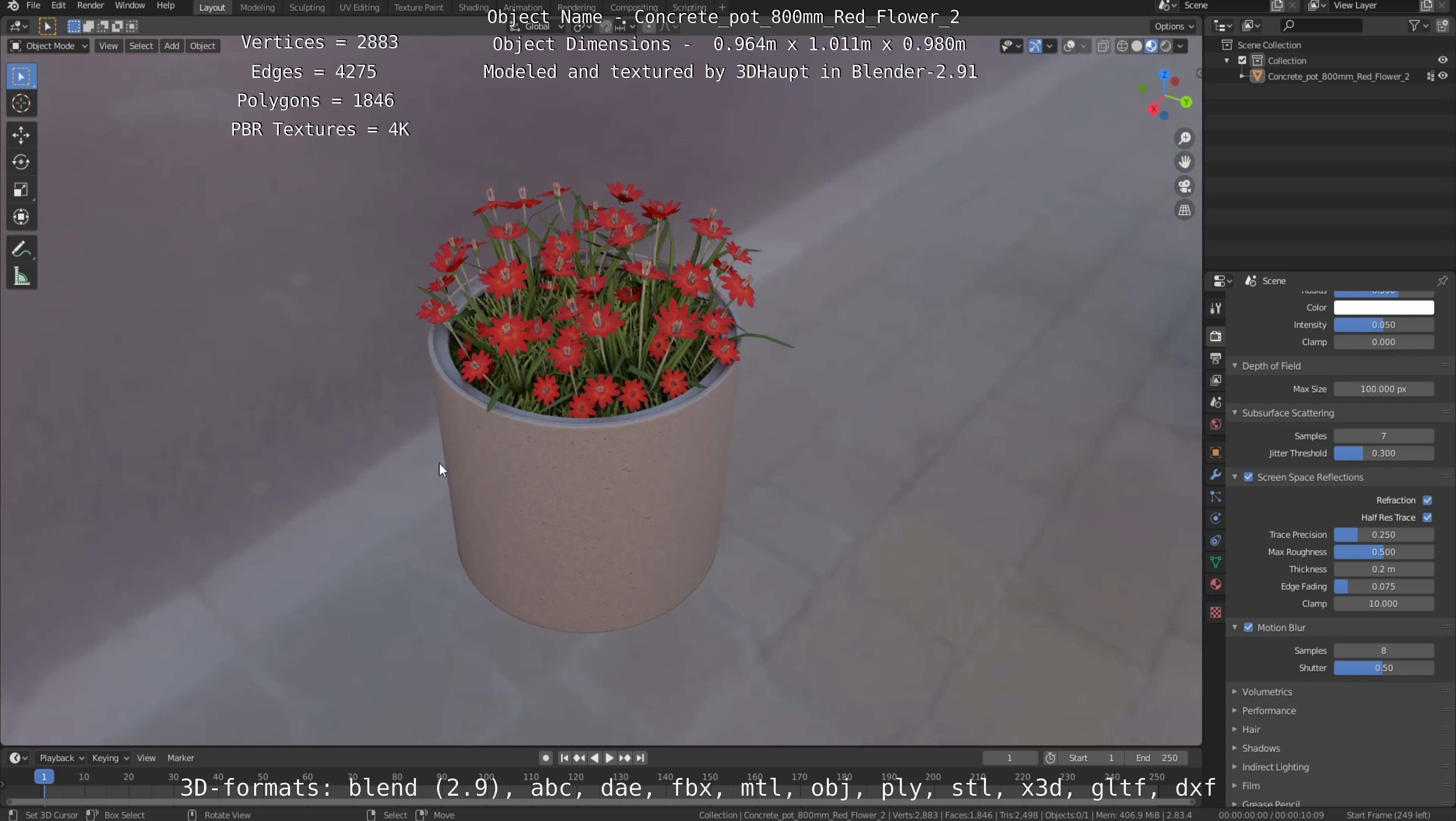 Concrete Pot 800mm with Red Flowers Version 2 Low-poly 3D model_97