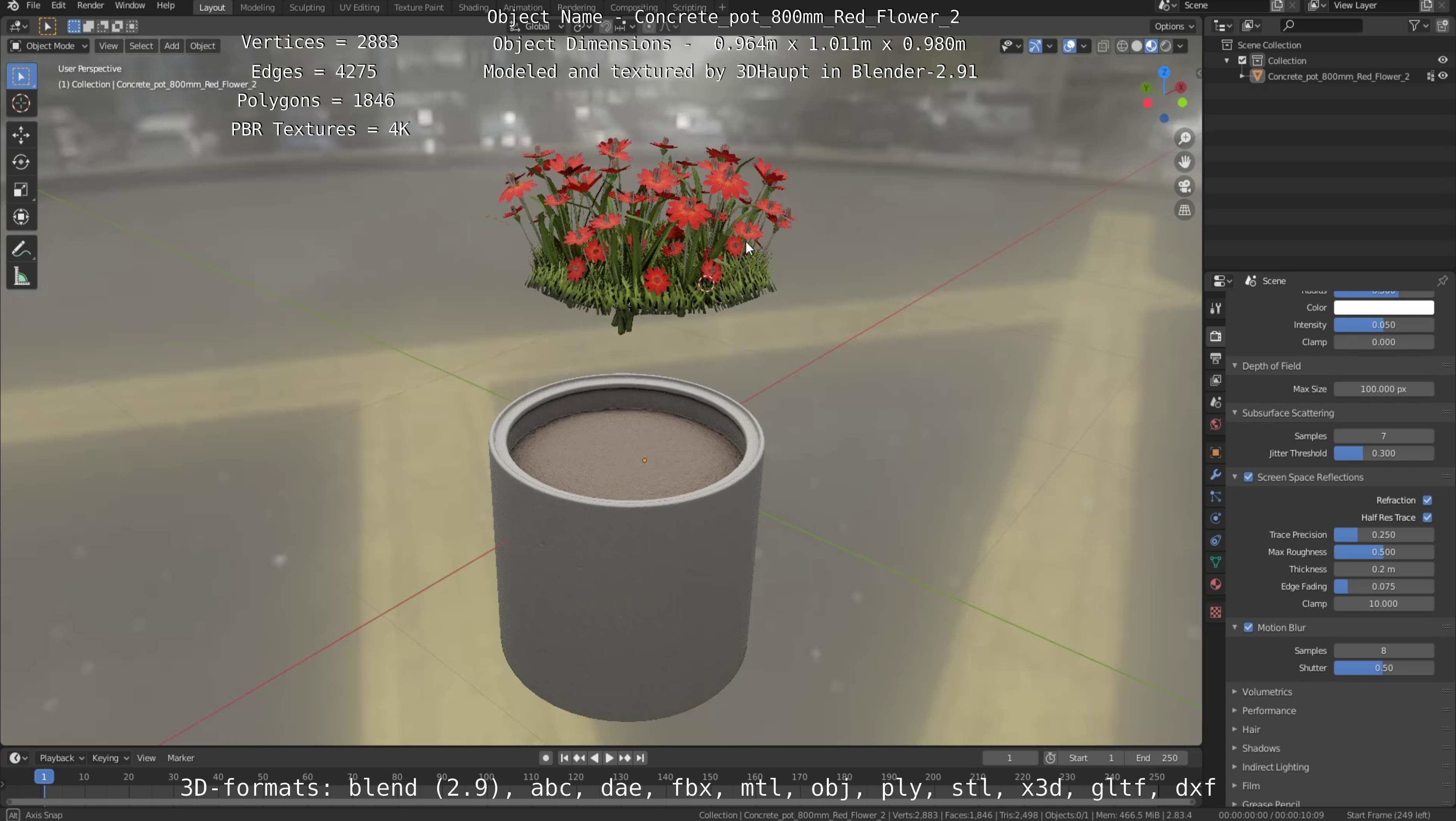 Concrete Pot 800mm with Red Flowers Version 2 Low-poly 3D model_81