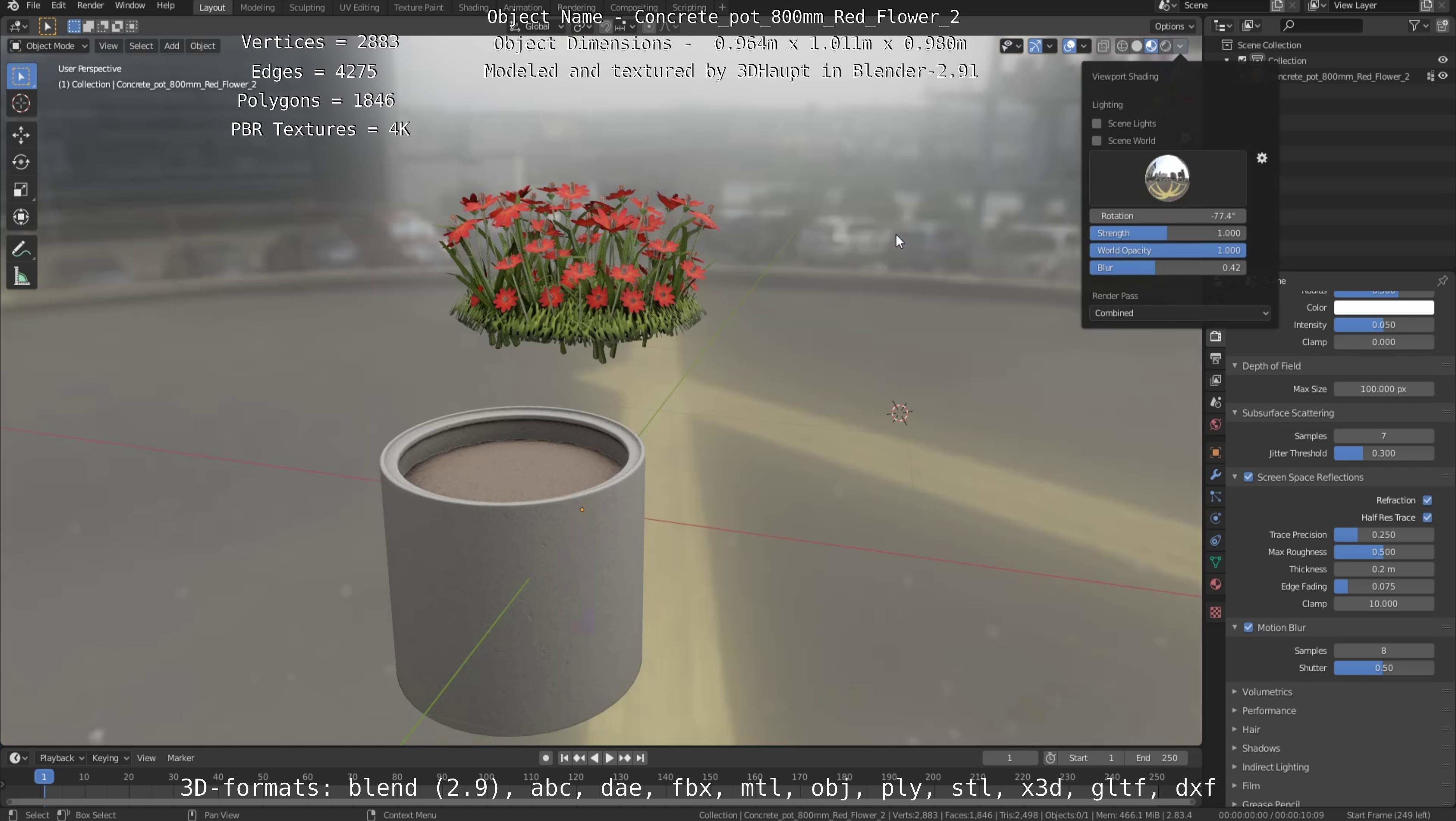 Concrete Pot 800mm with Red Flowers Version 2 Low-poly 3D model_64