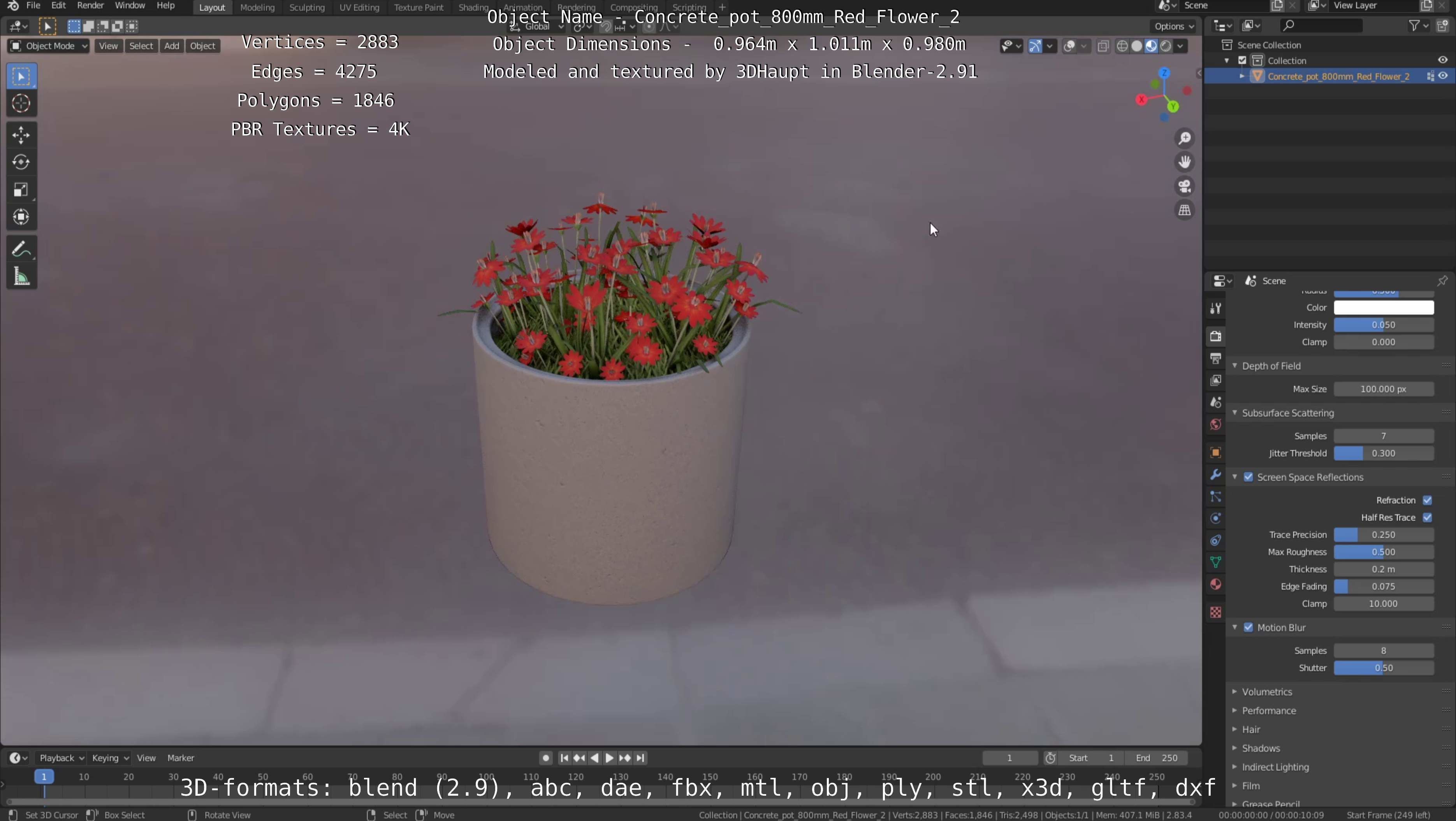 Concrete Pot 800mm with Red Flowers Version 2 Low-poly 3D model_102