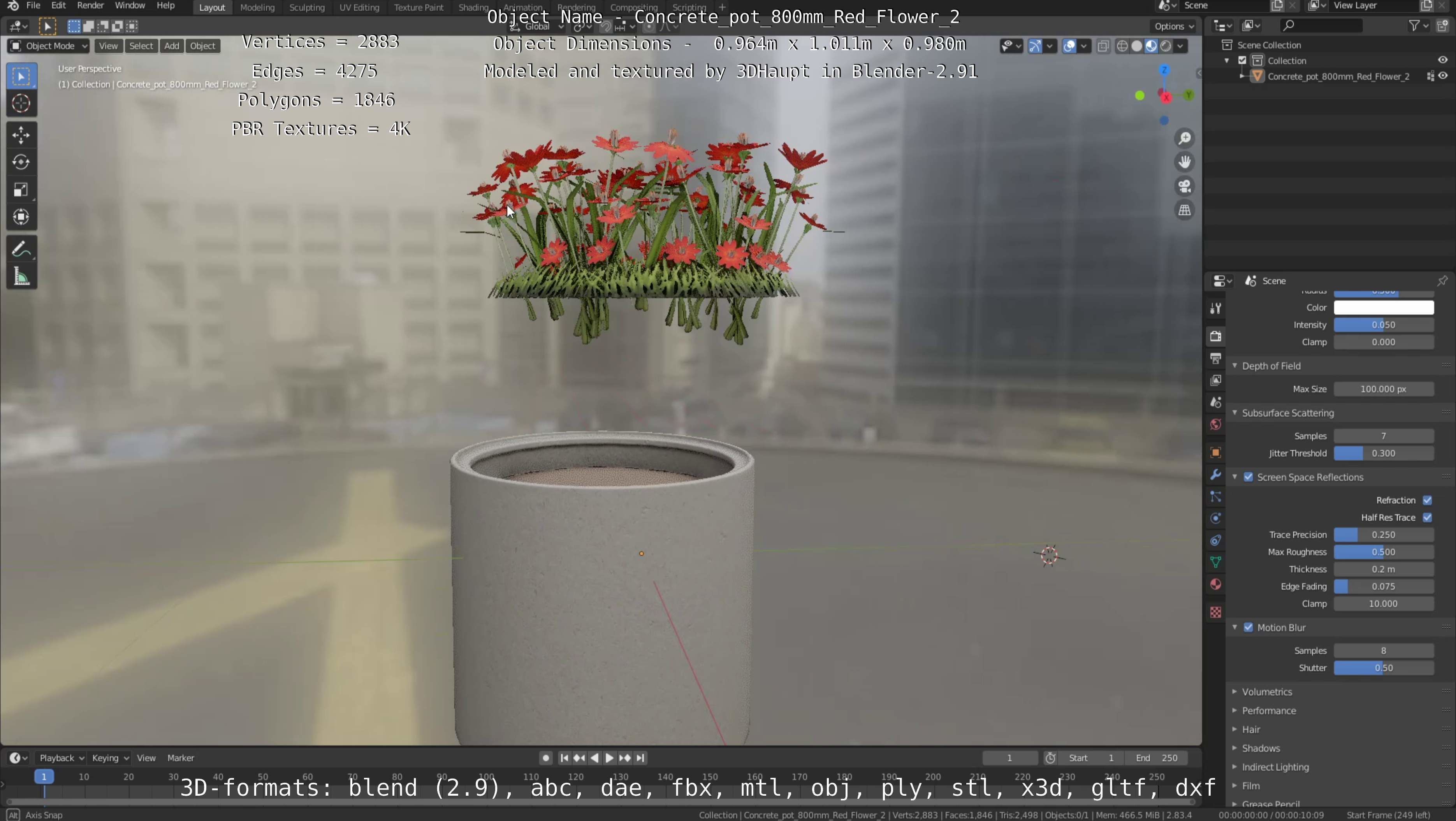 Concrete Pot 800mm with Red Flowers Version 2 Low-poly 3D model_82