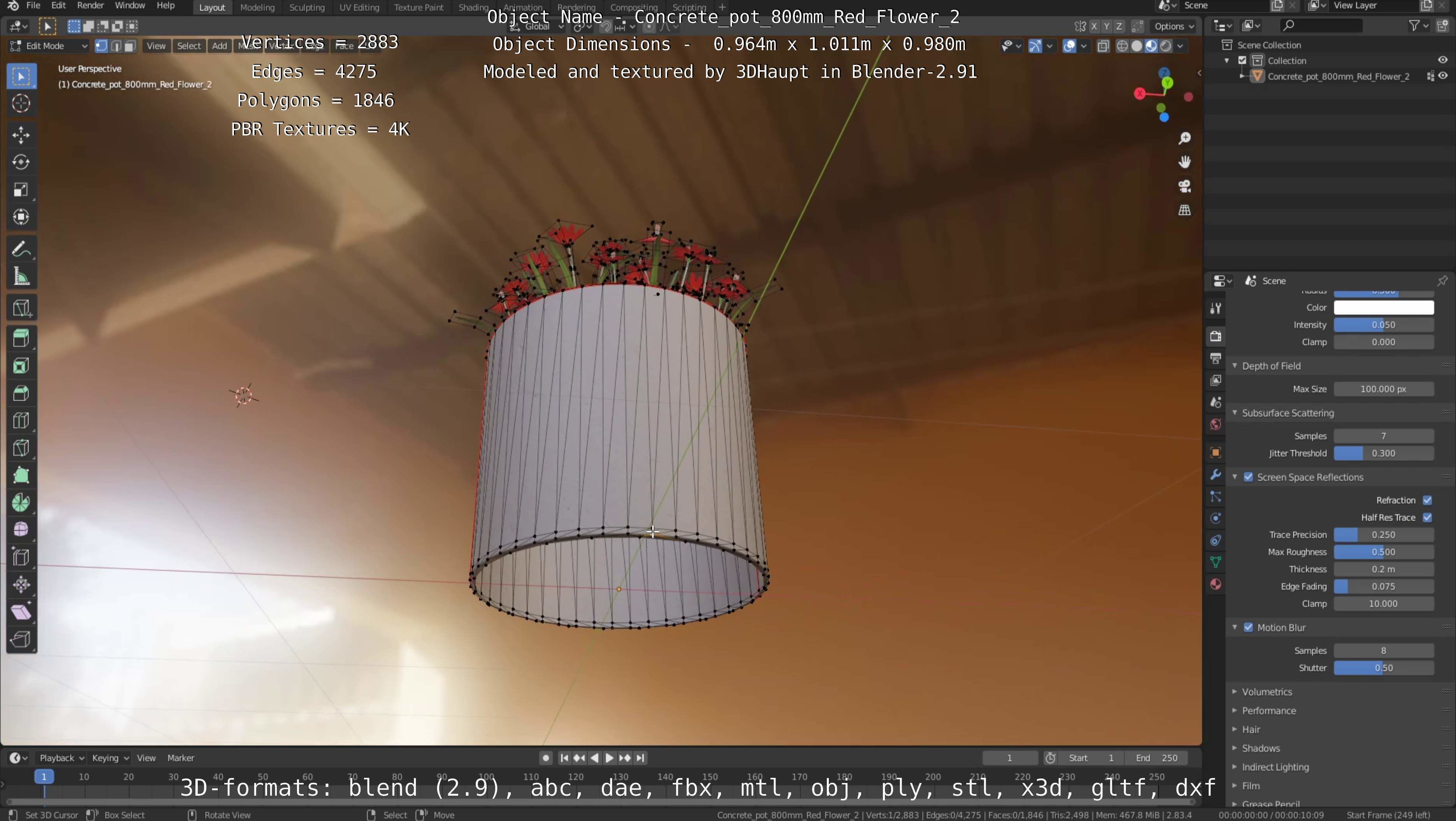 Concrete Pot 800mm with Red Flowers Version 2 Low-poly 3D model_20
