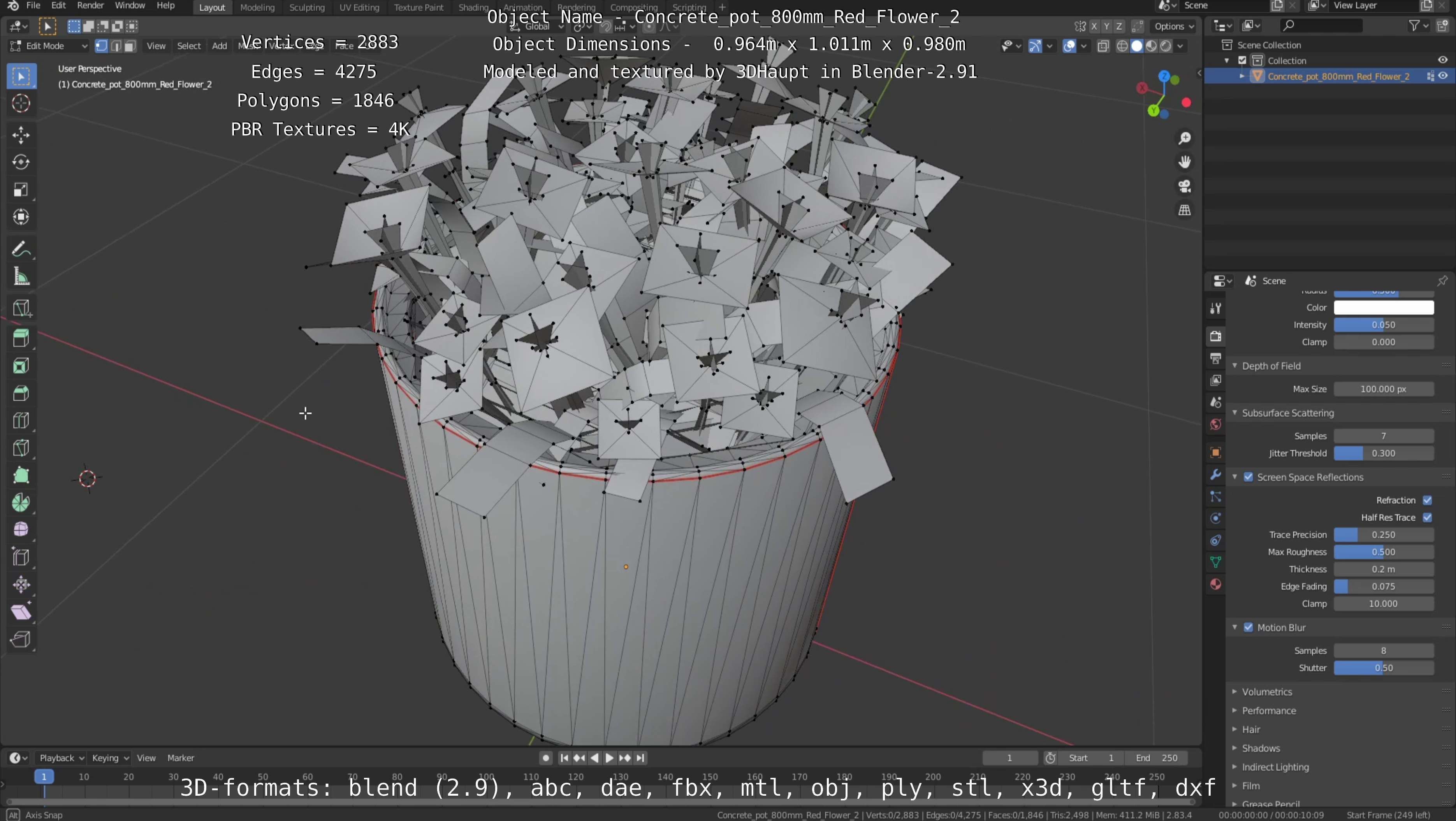 Concrete Pot 800mm with Red Flowers Version 2 Low-poly 3D model_104