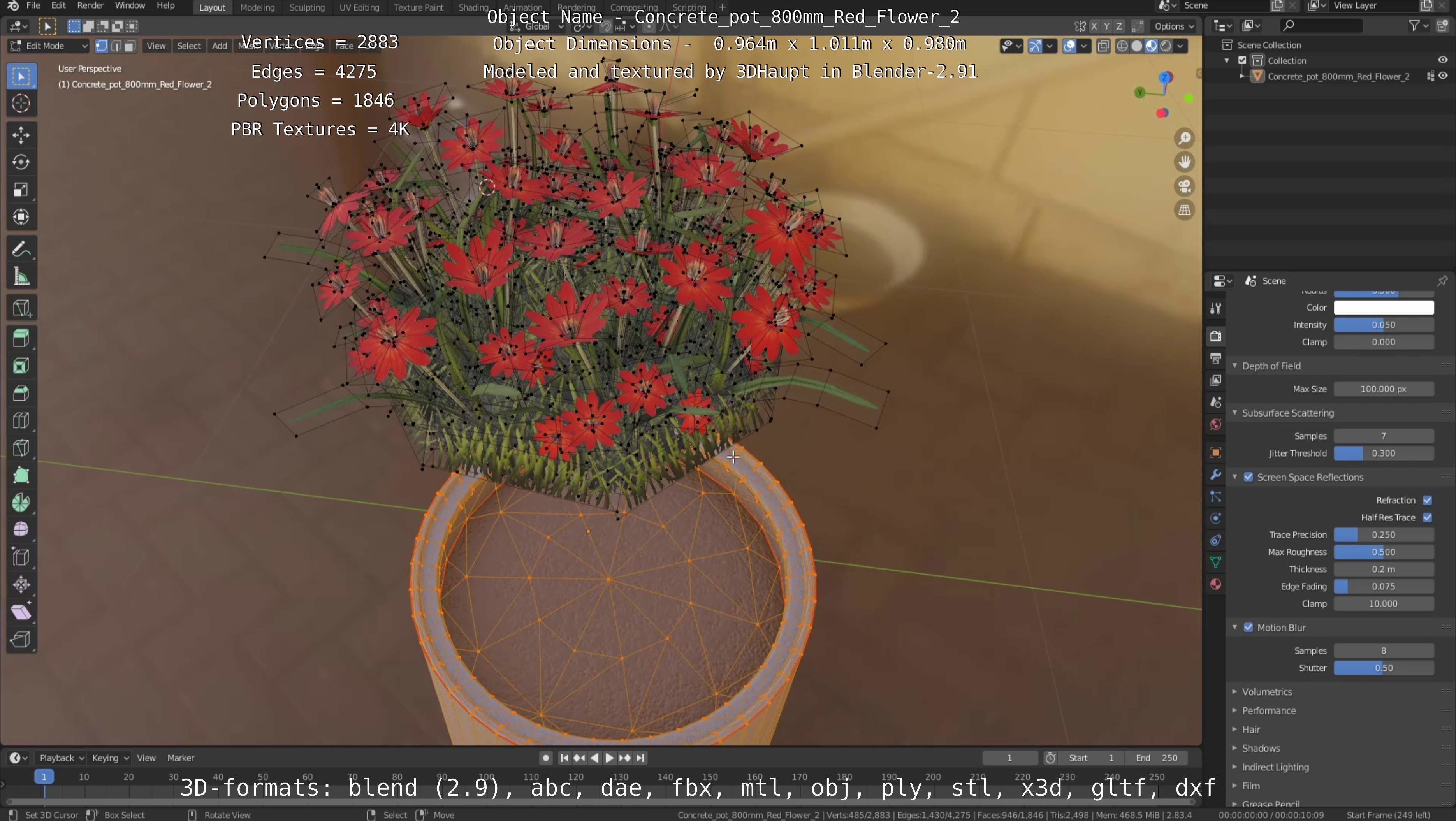 Concrete Pot 800mm with Red Flowers Version 2 Low-poly 3D model_61