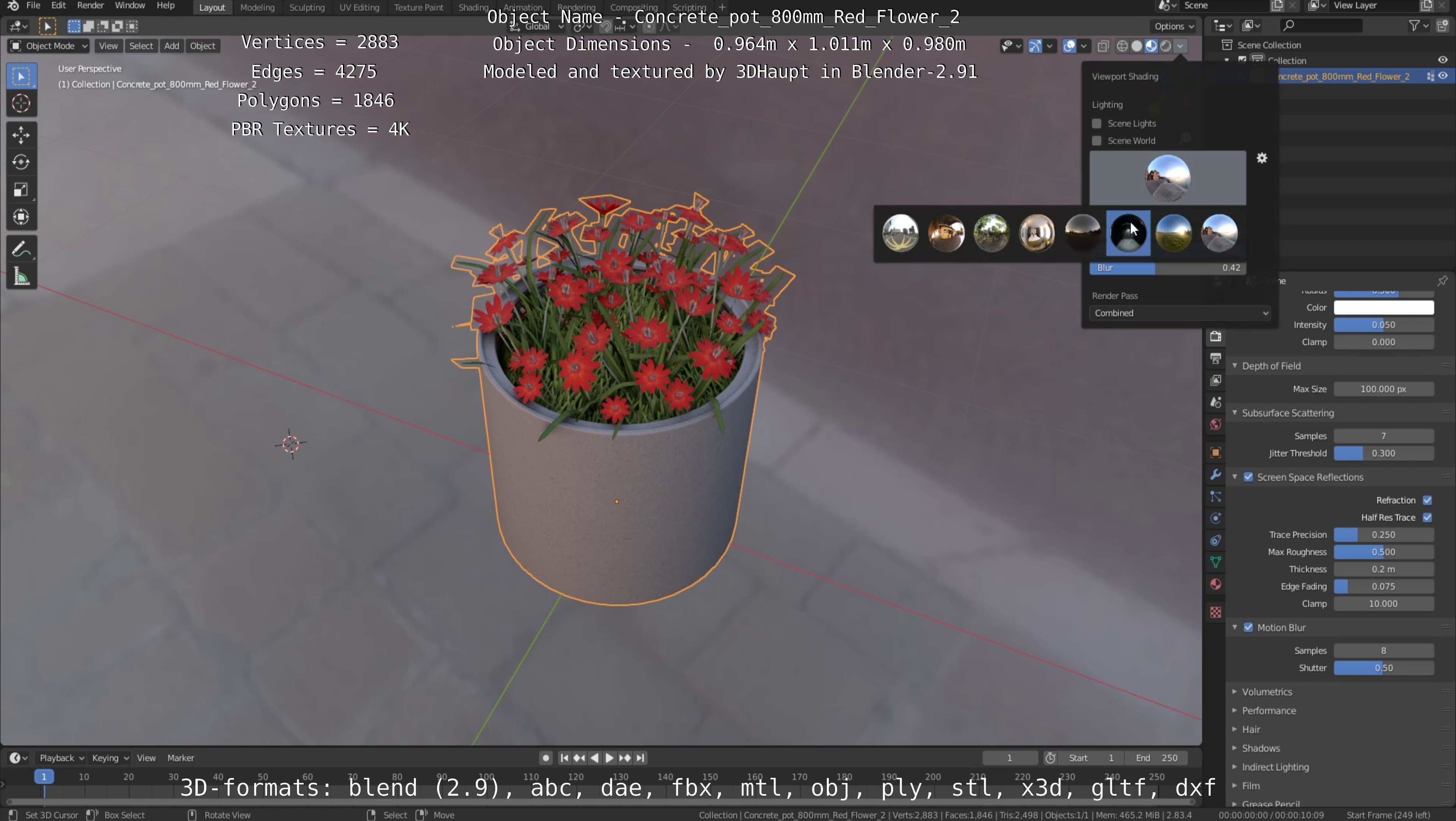 Concrete Pot 800mm with Red Flowers Version 2 Low-poly 3D model_113