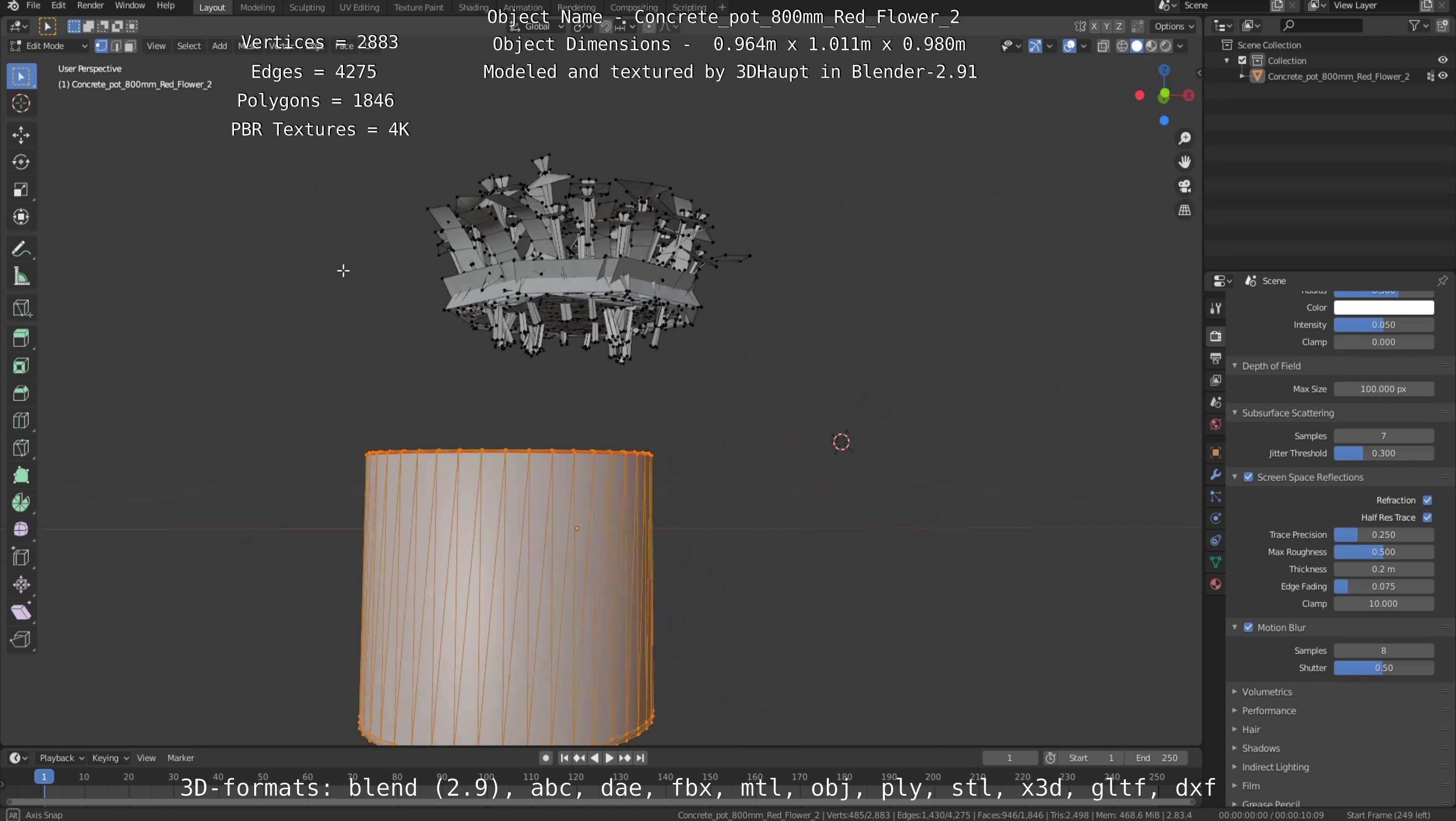 Concrete Pot 800mm with Red Flowers Version 2 Low-poly 3D model_36