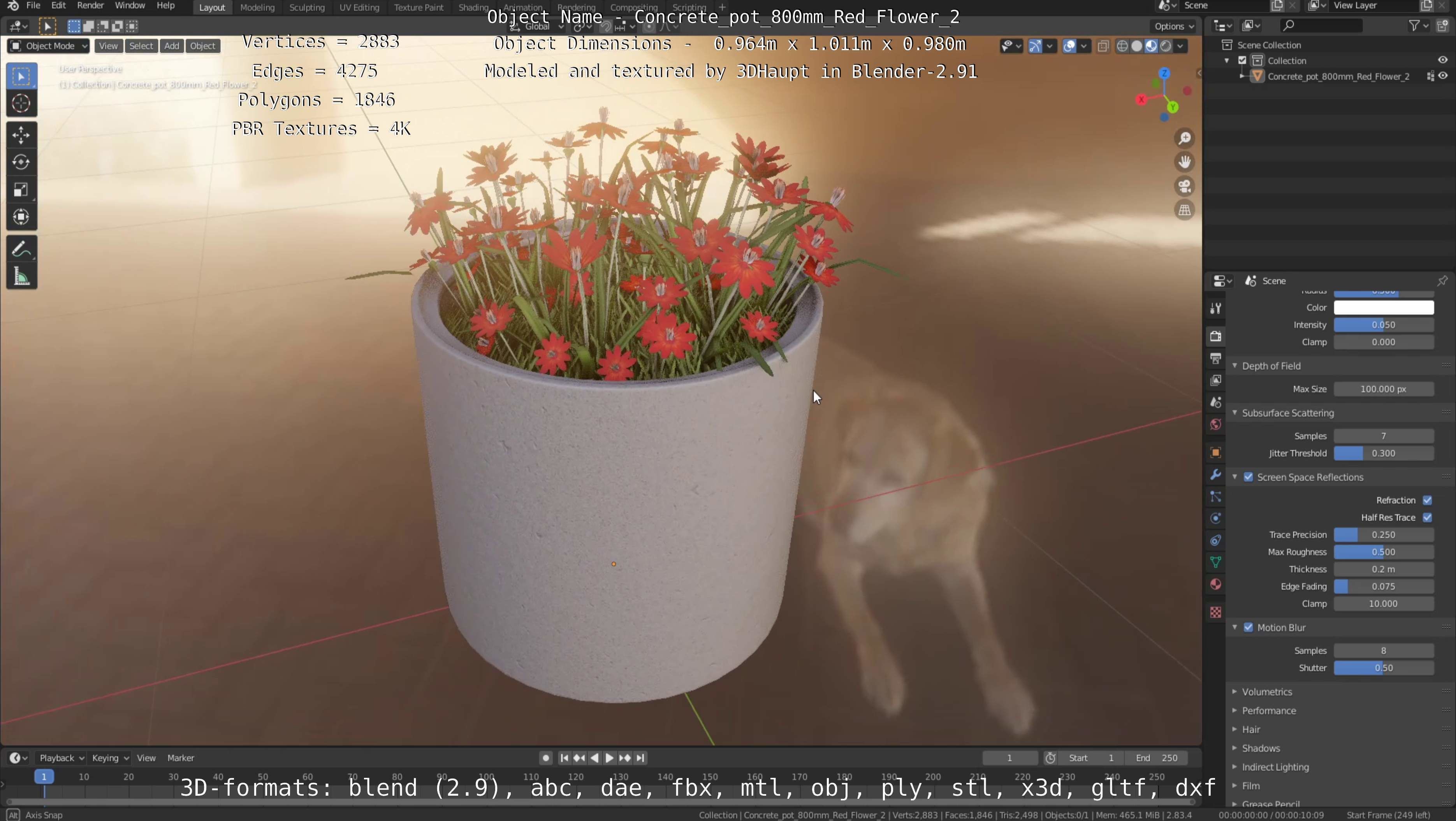 Concrete Pot 800mm with Red Flowers Version 2 Low-poly 3D model_65