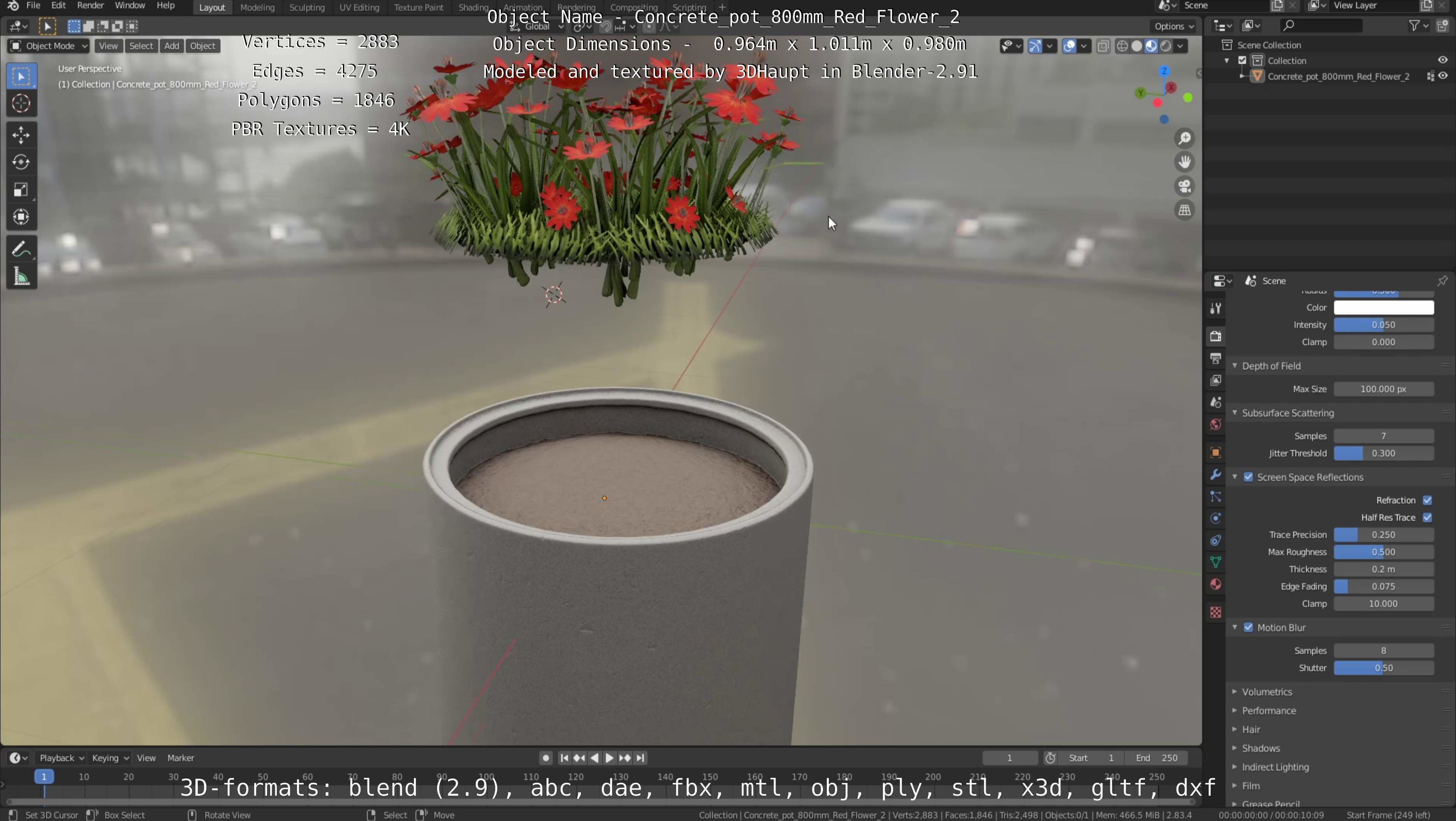 Concrete Pot 800mm with Red Flowers Version 2 Low-poly 3D model_44