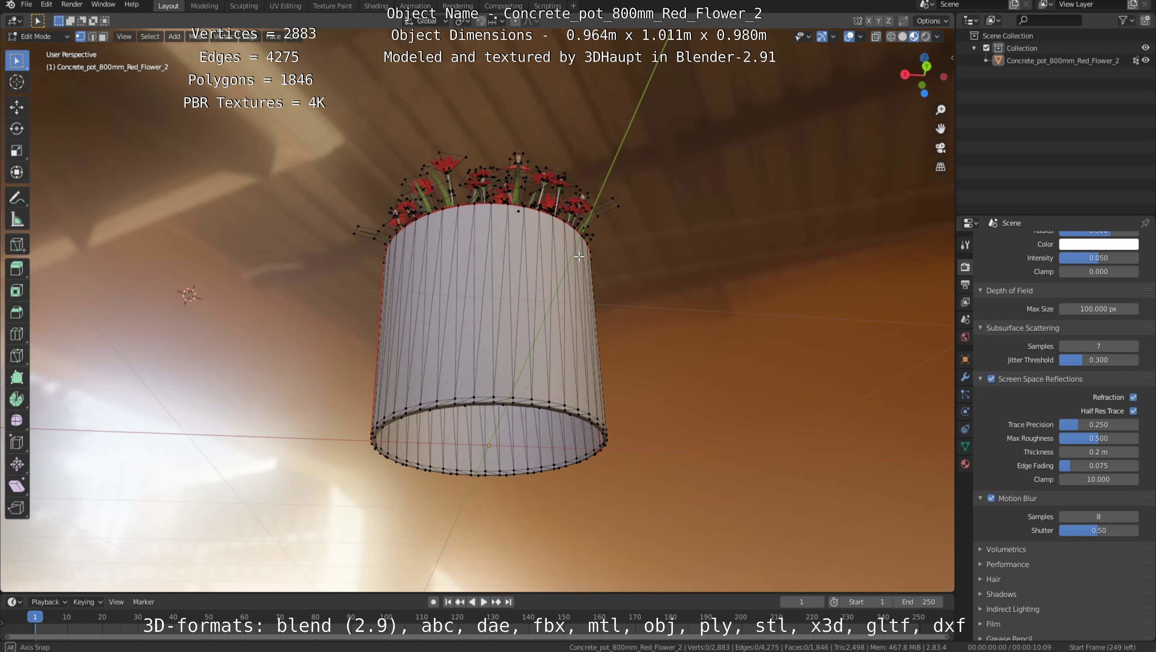 Concrete Pot 800mm with Red Flowers Version 2 Low-poly 3D model_117