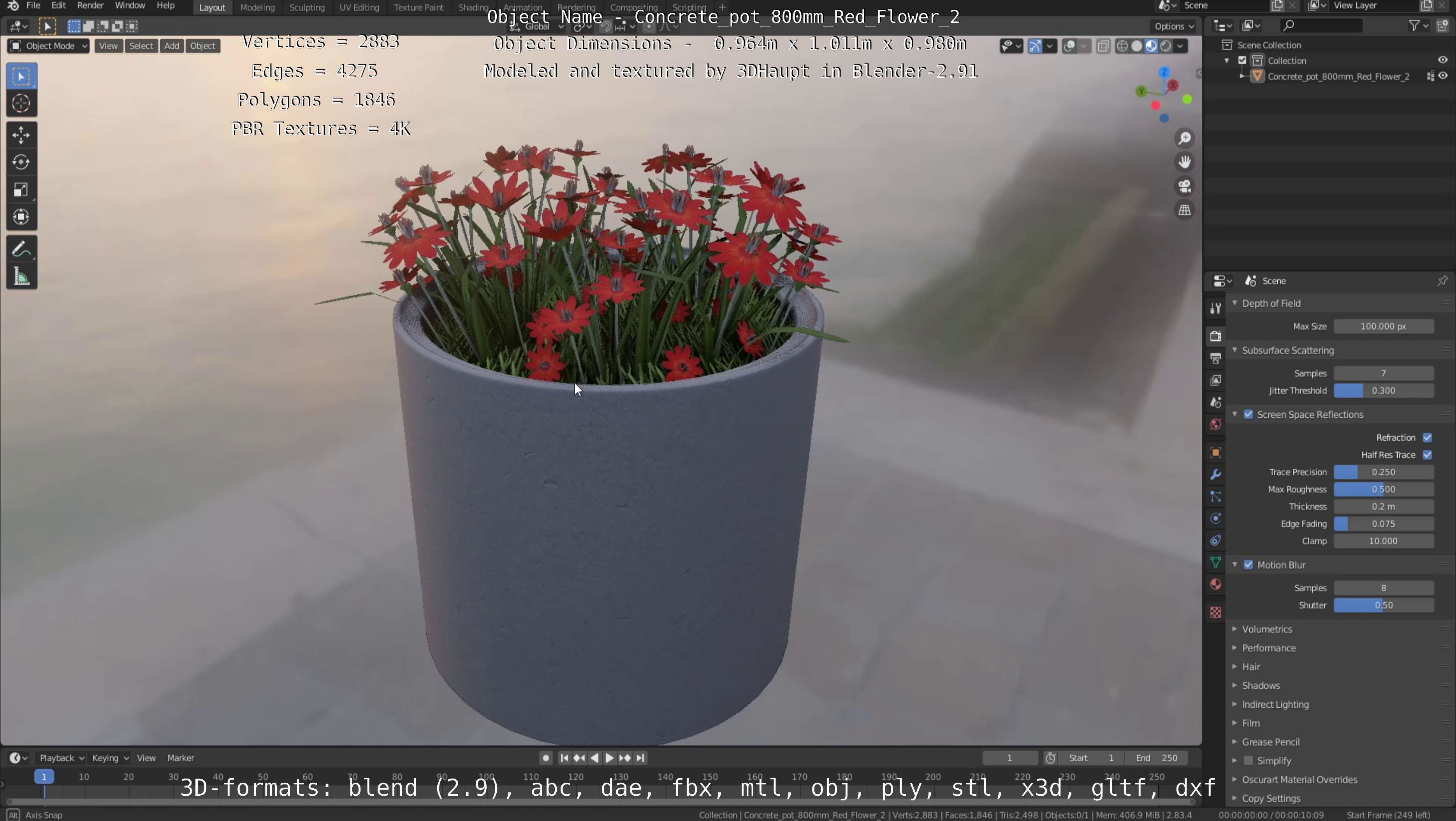 Concrete Pot 800mm with Red Flowers Version 2 Low-poly 3D model_48